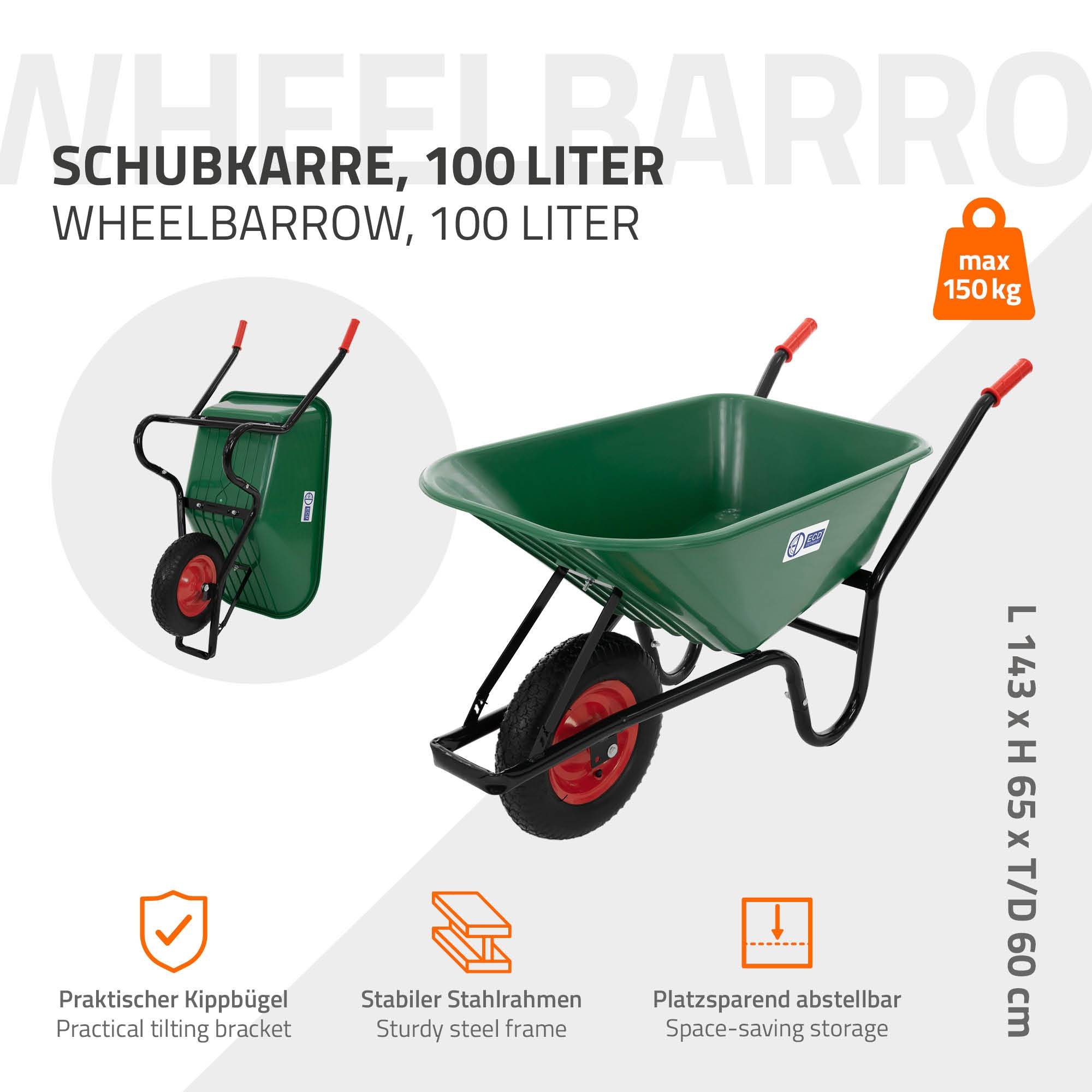 Brouette de chantier 100L benne PP vert pneus gonflables transport chariot 150kg - Image 2