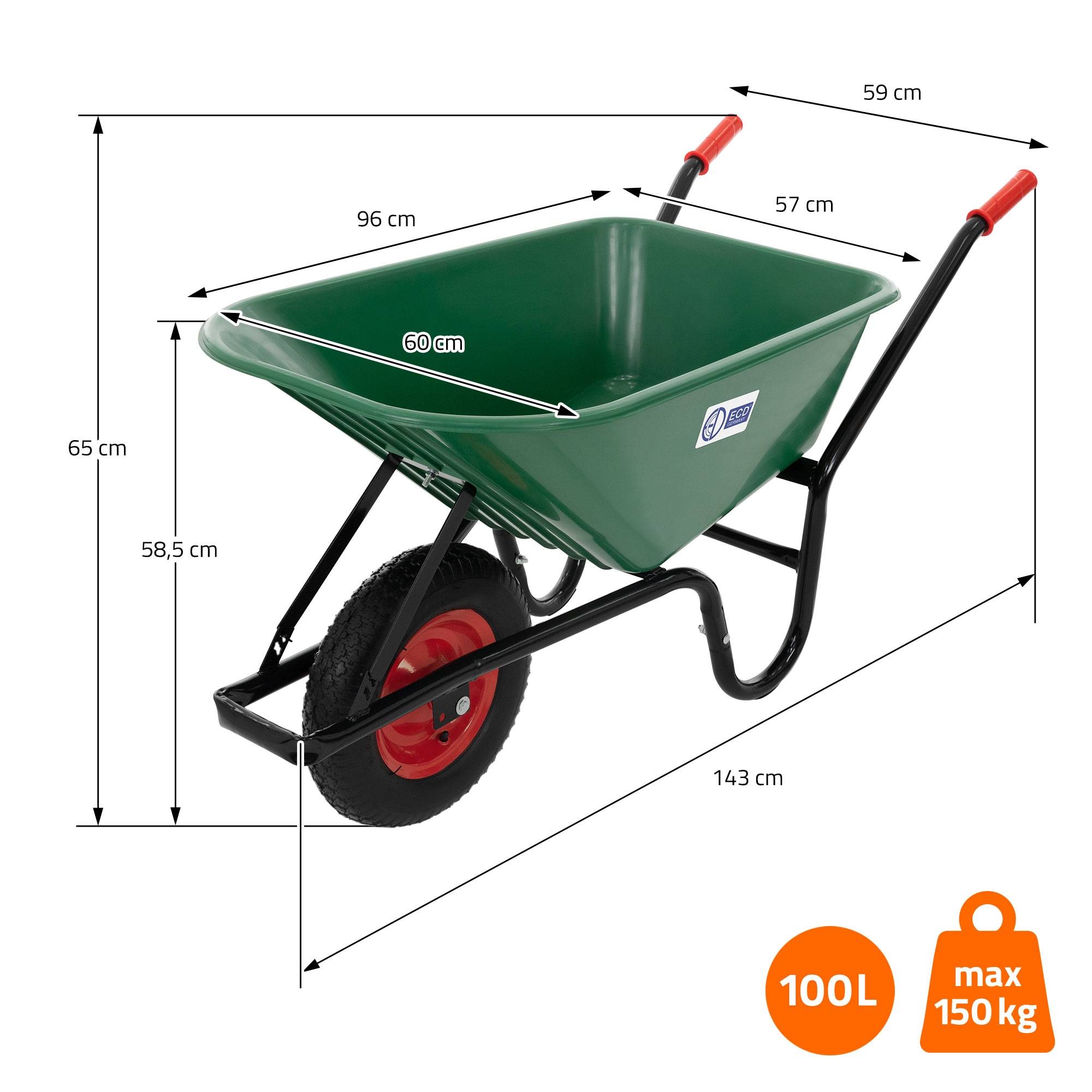Brouette de chantier 100L benne PP vert pneus gonflables transport chariot 150kg - Image 6