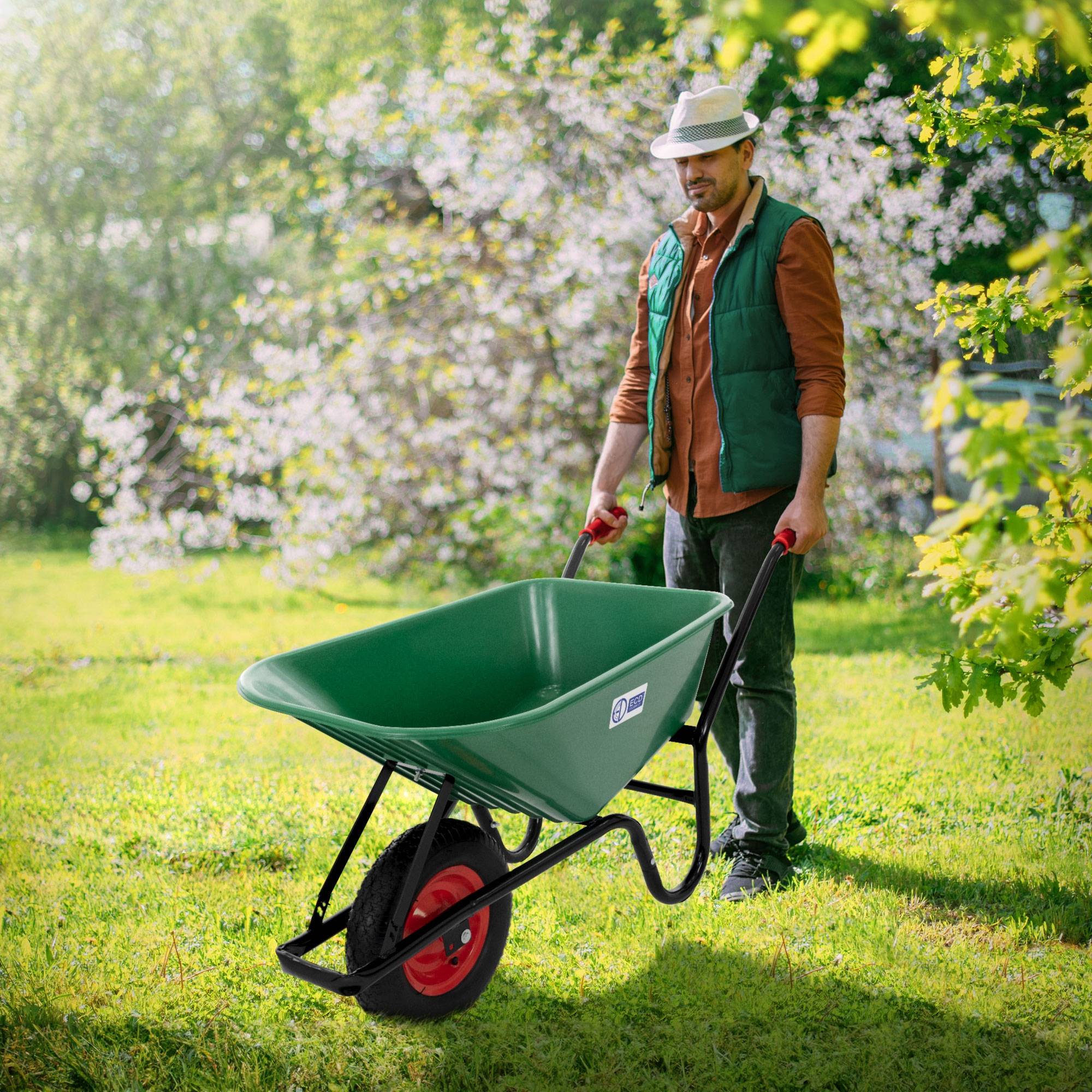 Brouette de chantier 100L benne PP vert pneus gonflables transport chariot 150kg - Image 7