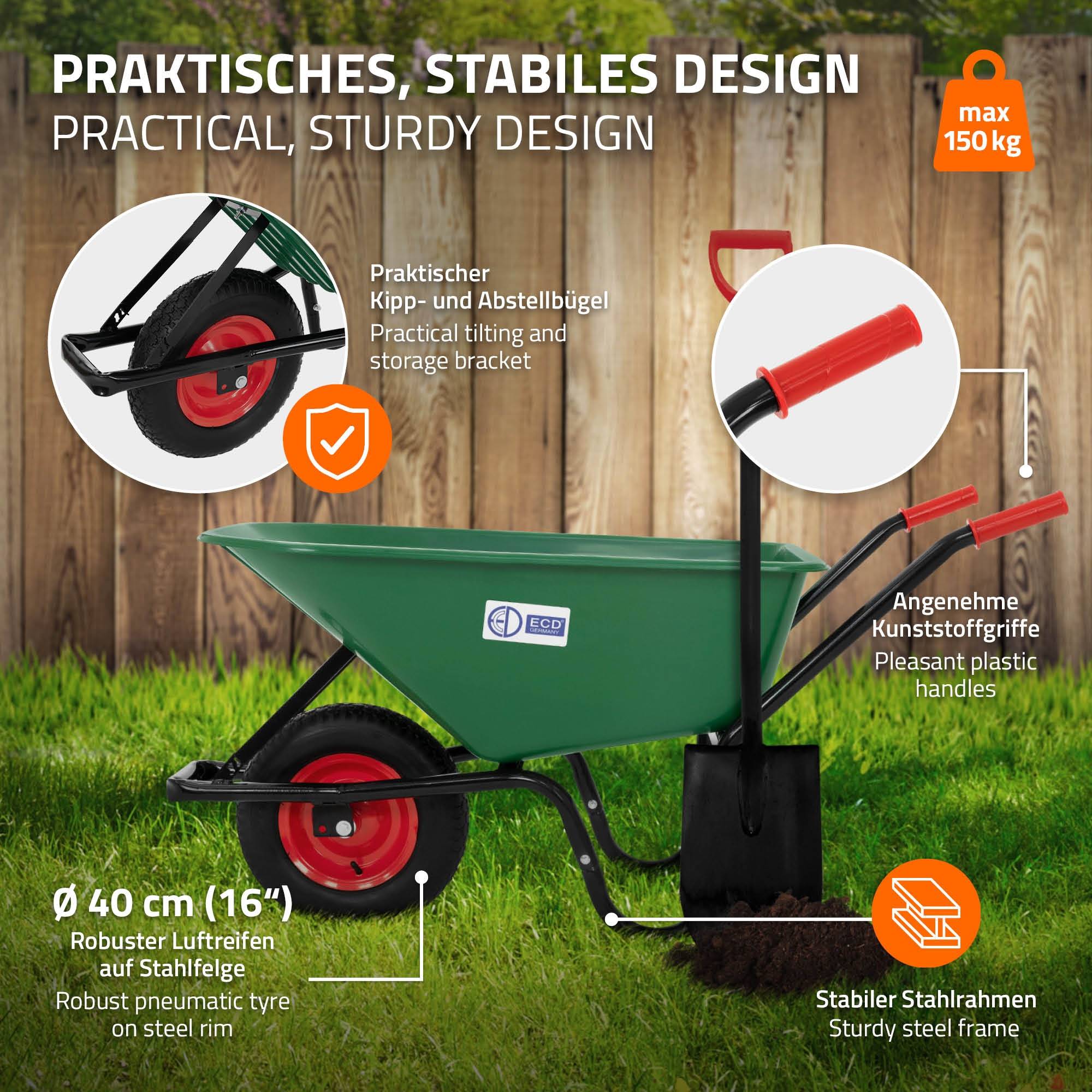 Brouette de chantier 100L benne PP vert pneus gonflables transport chariot 150kg - Image 3