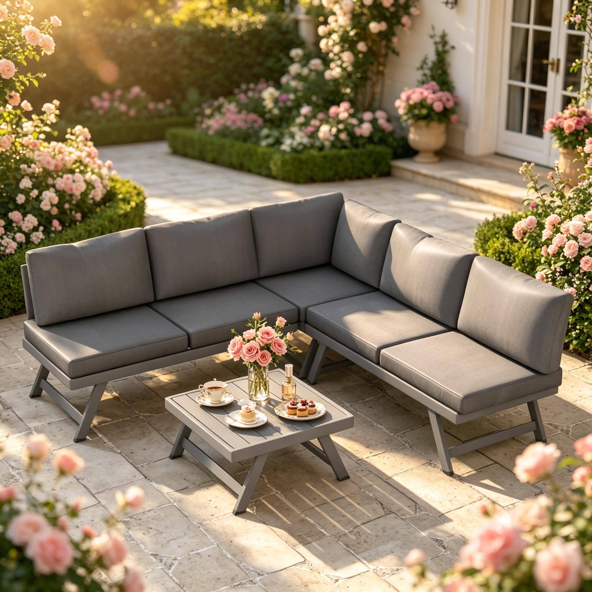 ComfortXL - Salon de jardin d’angle acier aluminium gris 5 places inclinable avec table basse - ComfortXL Outdoor Living - Image 1