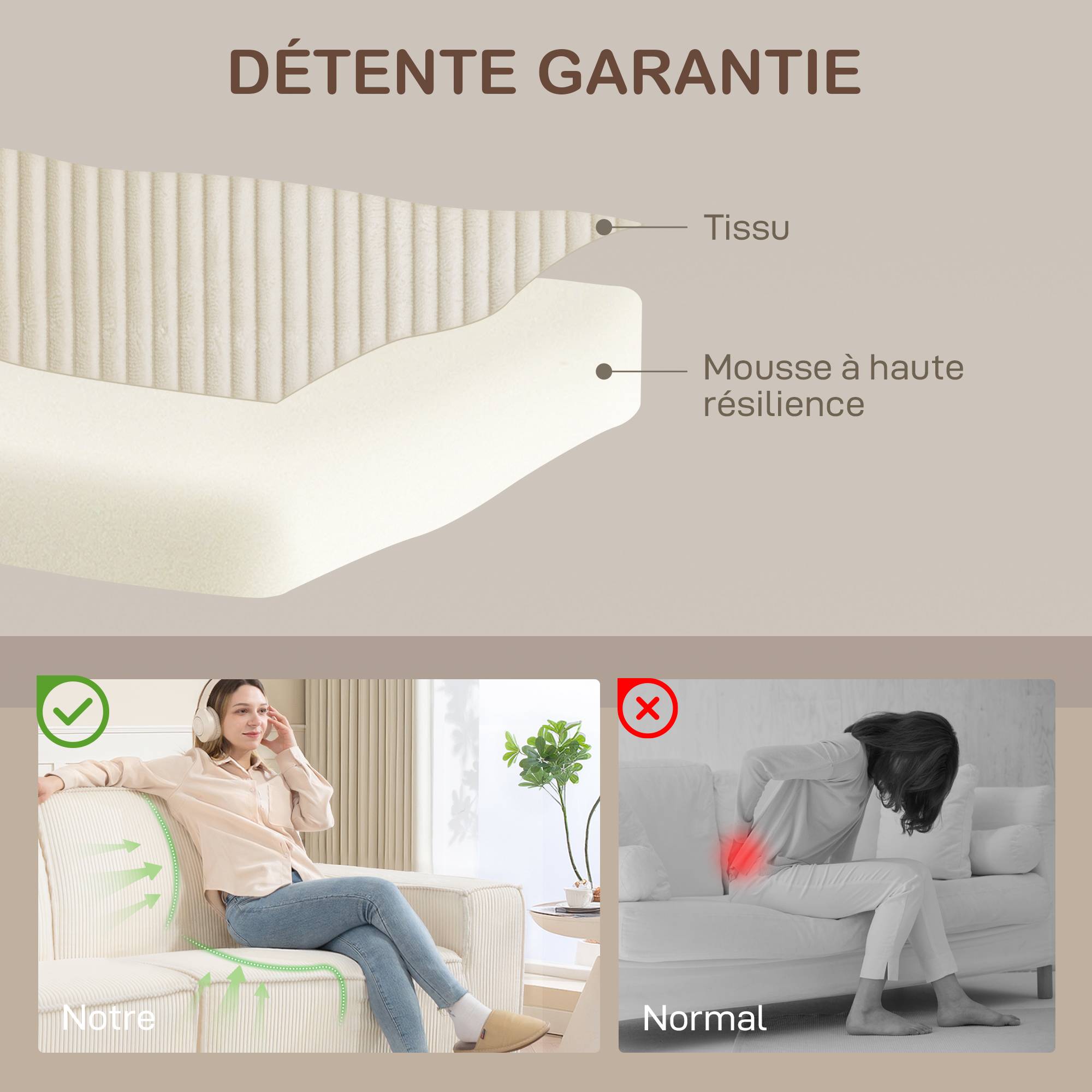 Canapé 3 places en velours côtelé 230 cm, canapé moderne, pas de montage nécessaire, beige - Image 7