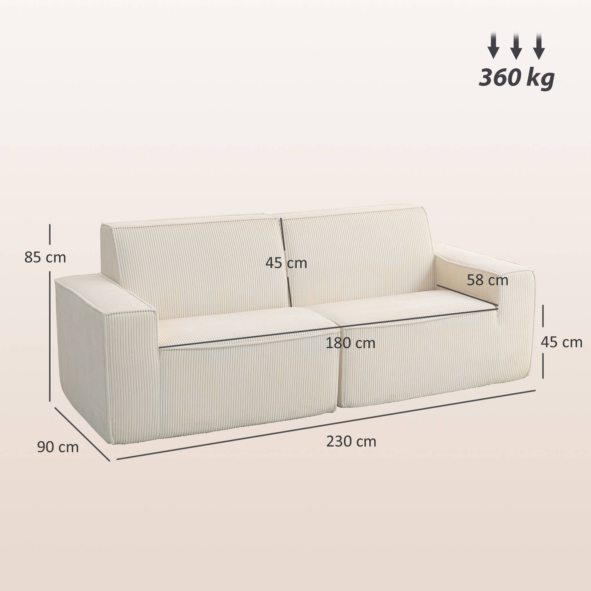 Canapé 3 places en velours côtelé 230 cm, canapé moderne, pas de montage nécessaire, beige - Image 5