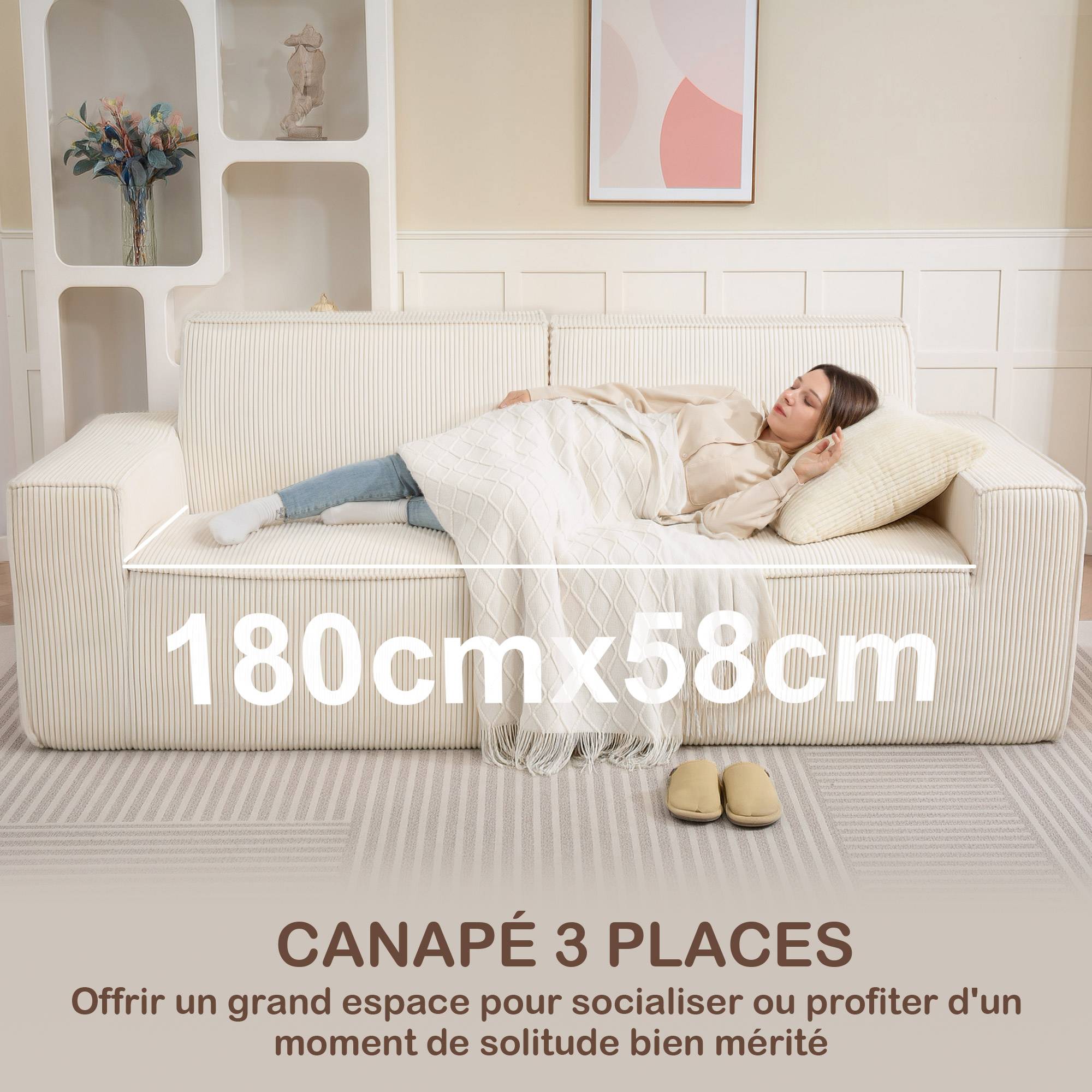 Canapé 3 places en velours côtelé 230 cm, canapé moderne, pas de montage nécessaire, beige - Image 6