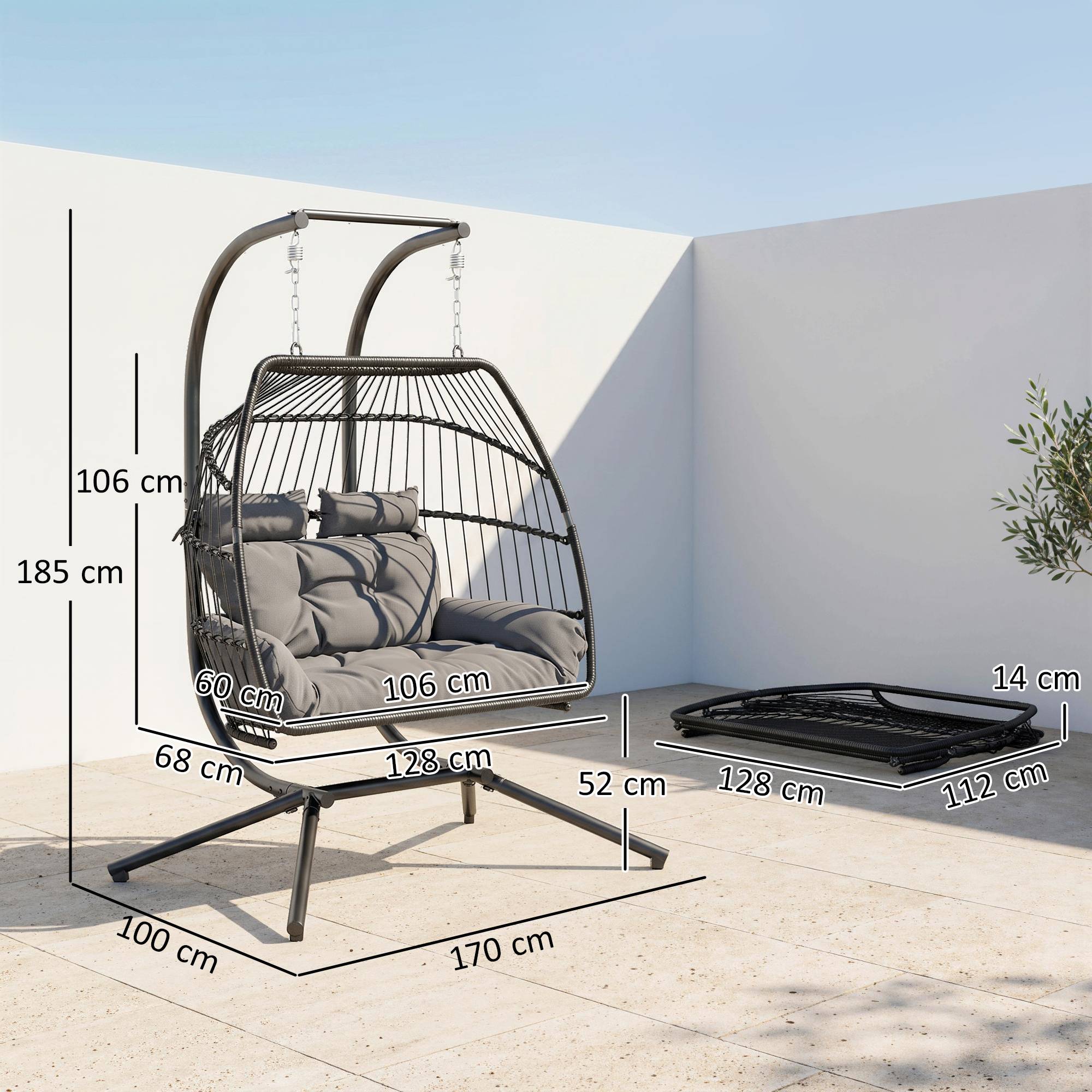 Fauteuil suspendu acier et résine tressée gris foncé 170 x 100 x 185 cm - PANGIVO - Image 5