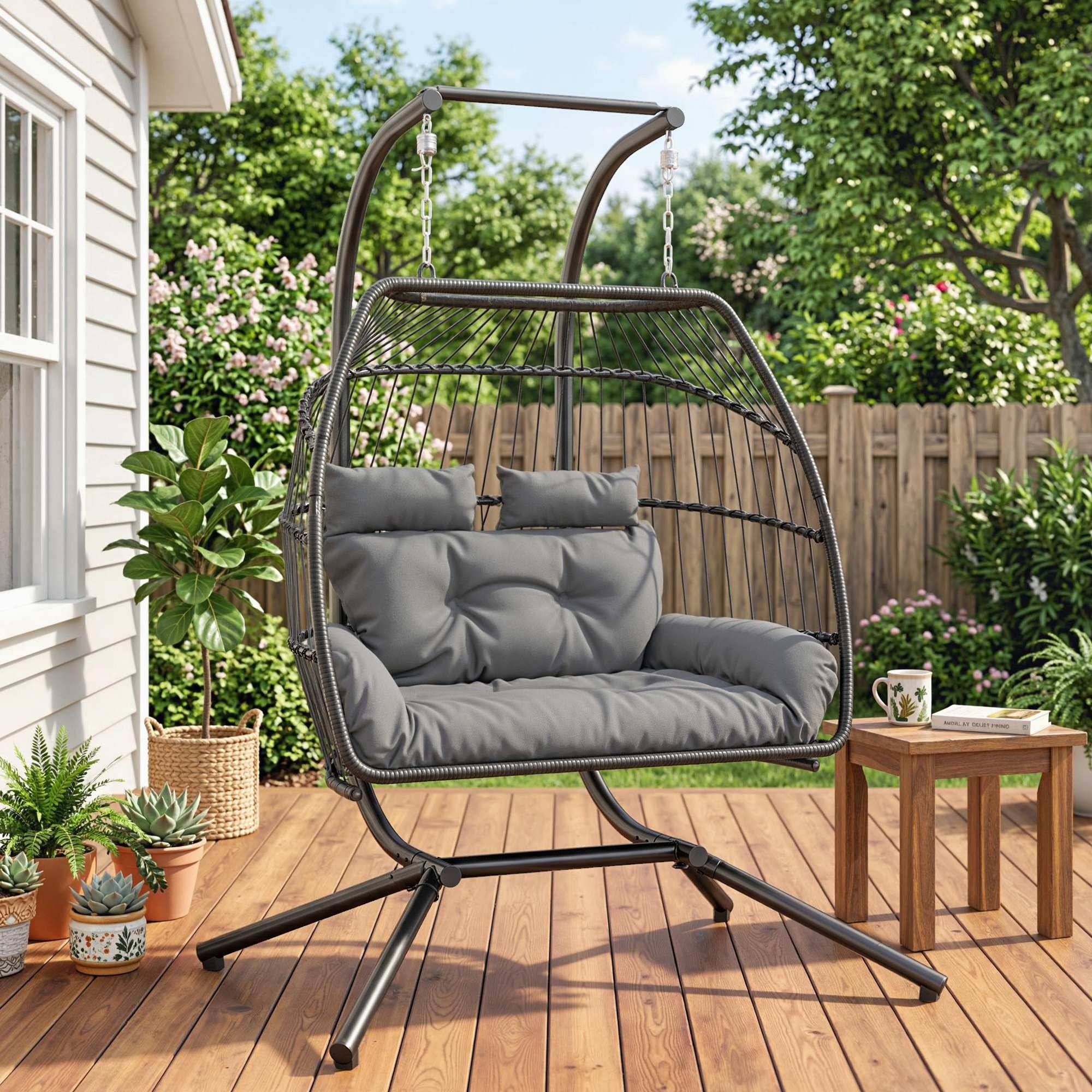 Fauteuil suspendu acier et résine tressée gris foncé 170 x 100 x 185 cm - PANGIVO - Image 3