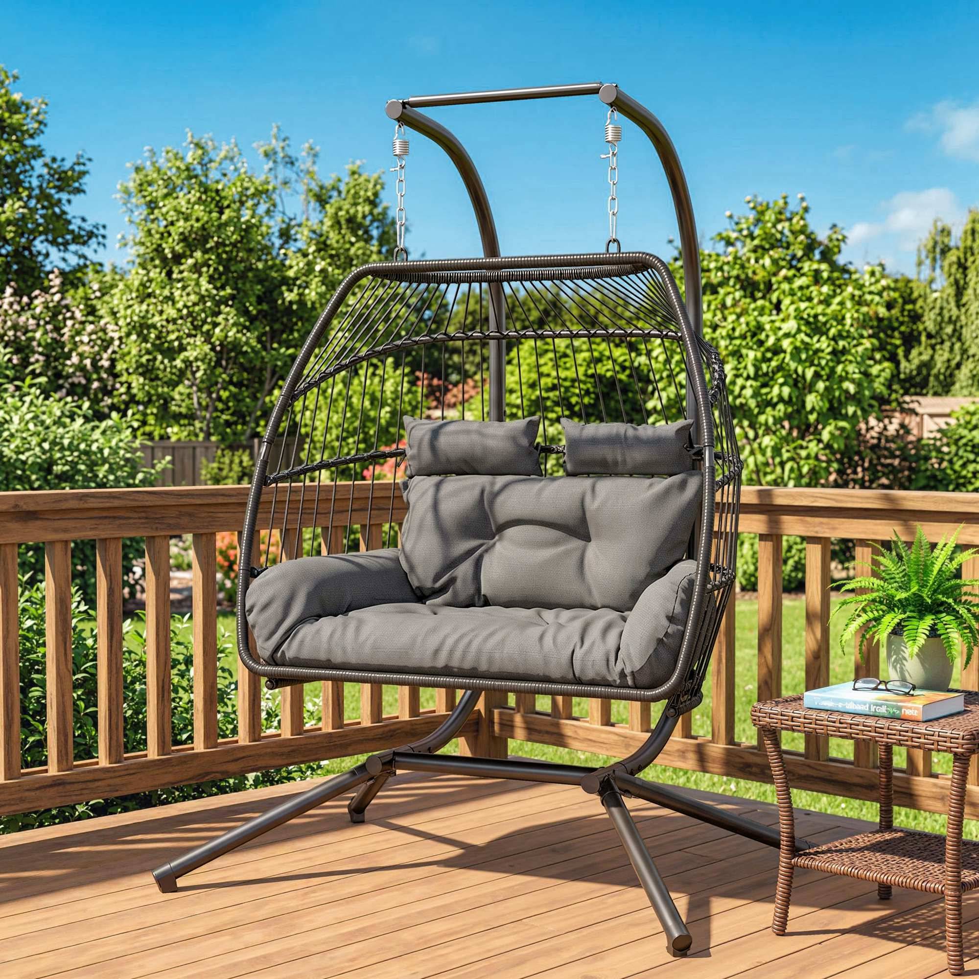 Fauteuil suspendu acier et résine tressée gris foncé 170 x 100 x 185 cm - PANGIVO - Image 4