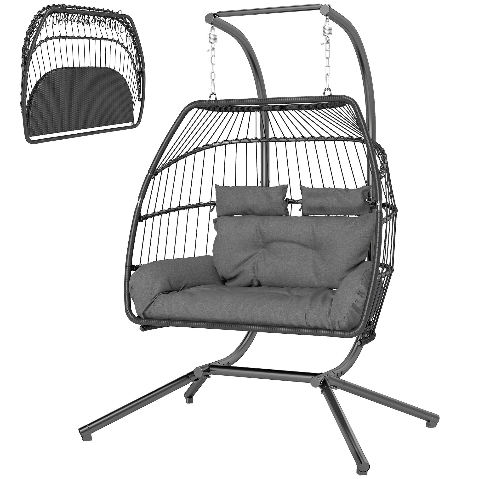 Fauteuil suspendu acier et résine tressée gris foncé 170 x 100 x 185 cm - PANGIVO - Image 2