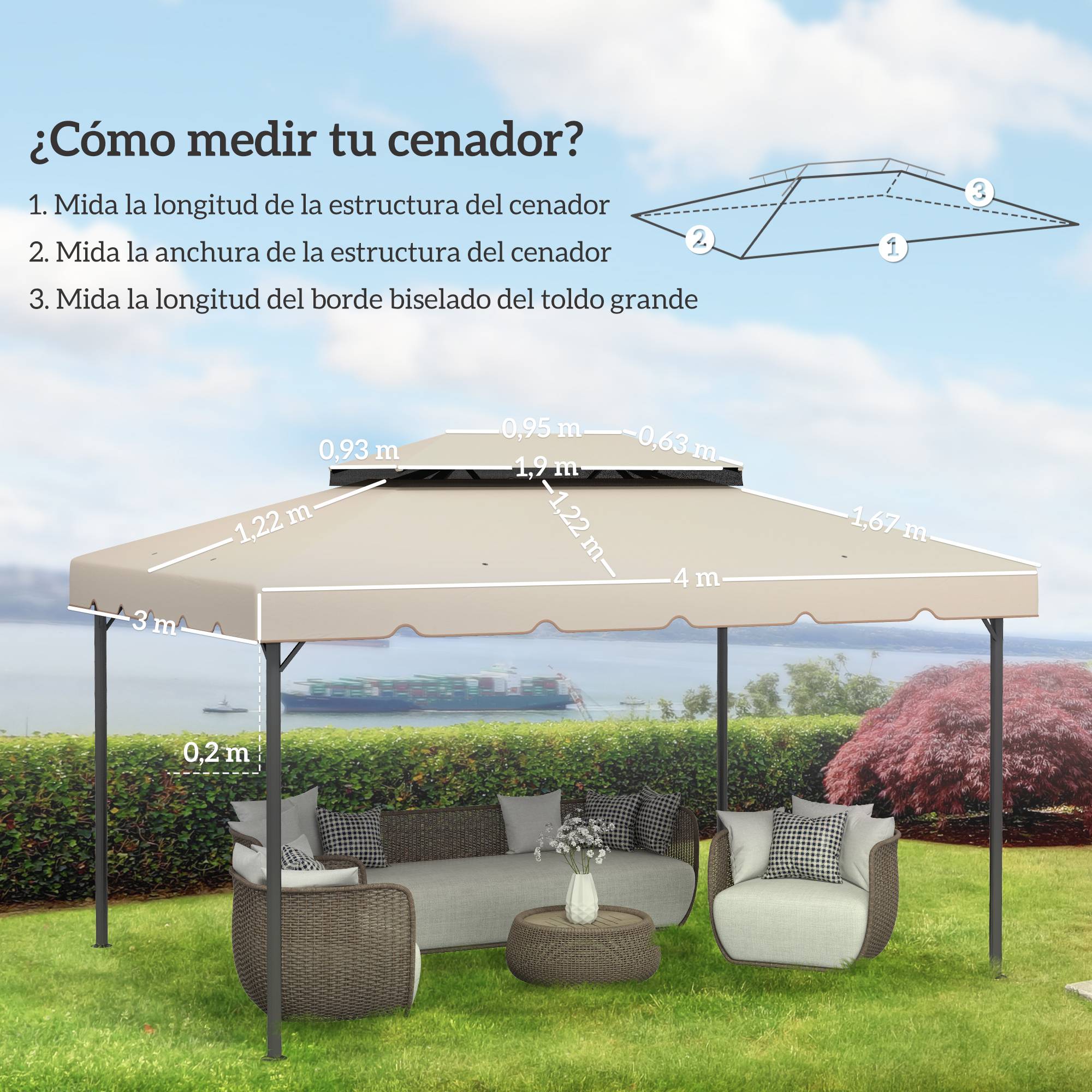 Toile de Rechange 4x3m Polyester pour Tonnelle Double Toit Imperméable Beige - ComfortXL Outdoor Living - Image 5