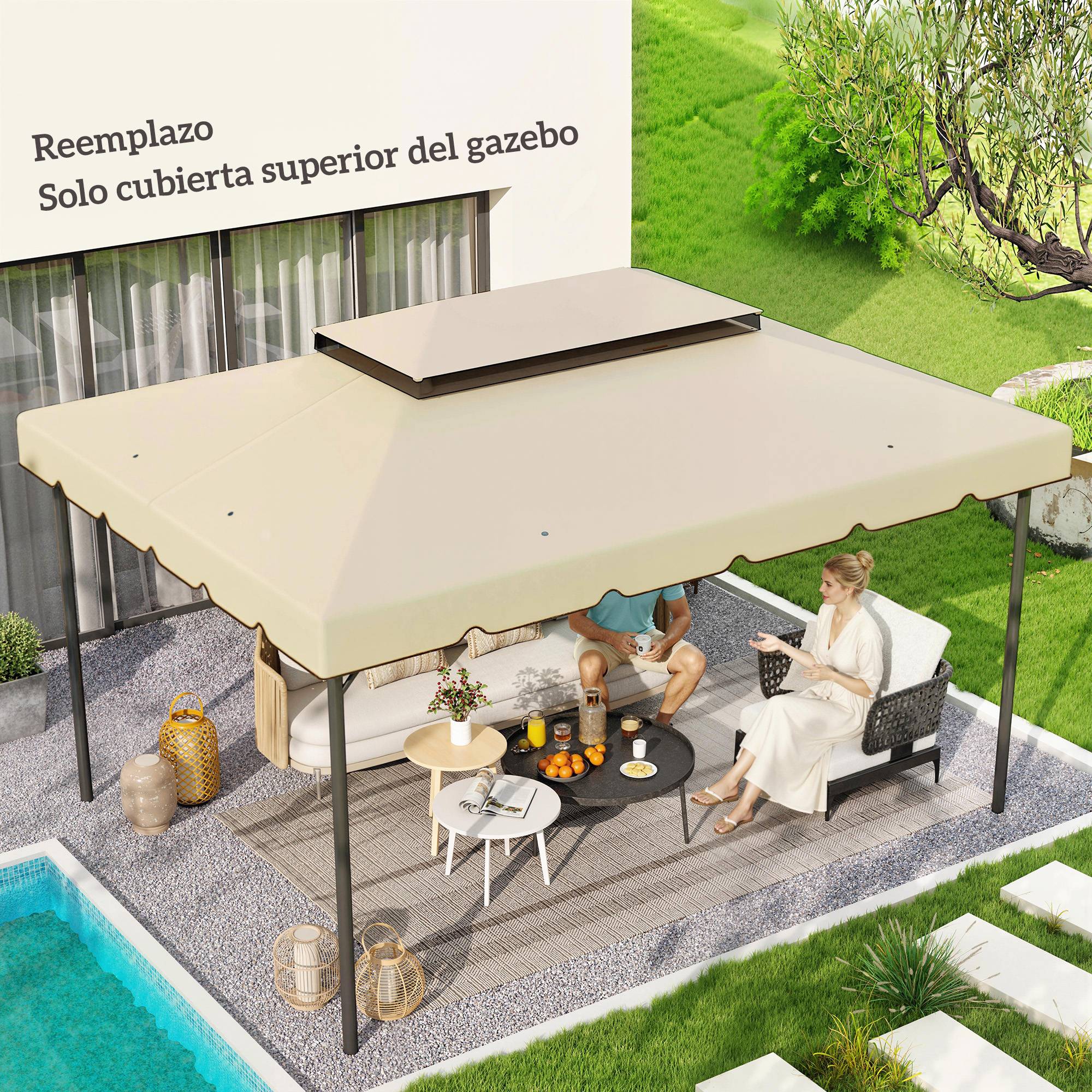Toile de Rechange 4x3m Polyester pour Tonnelle Double Toit Imperméable Beige - ComfortXL Outdoor Living - Image 3