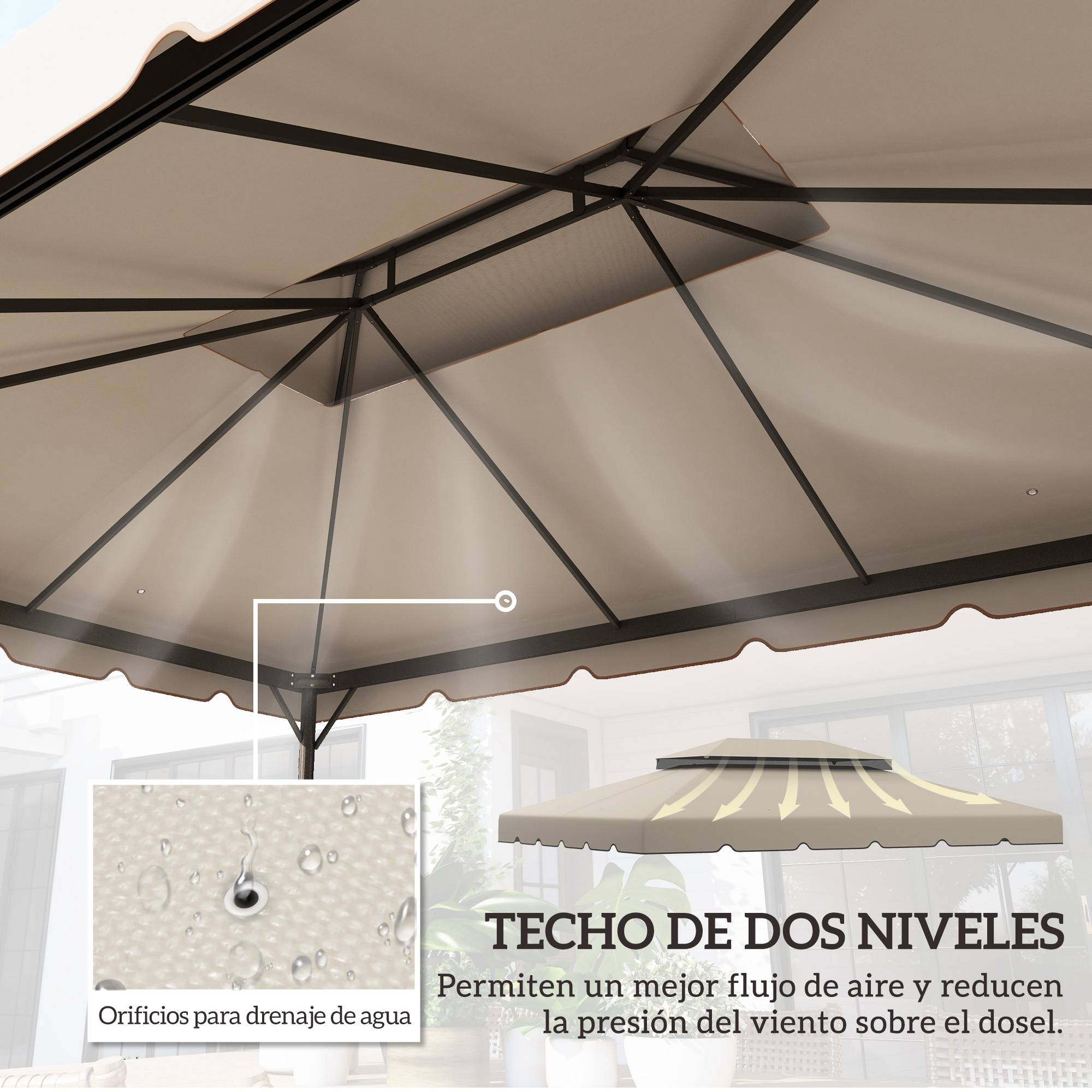 Toile de Rechange 4x3m Polyester pour Tonnelle Double Toit Imperméable Beige - ComfortXL Outdoor Living - Image 6