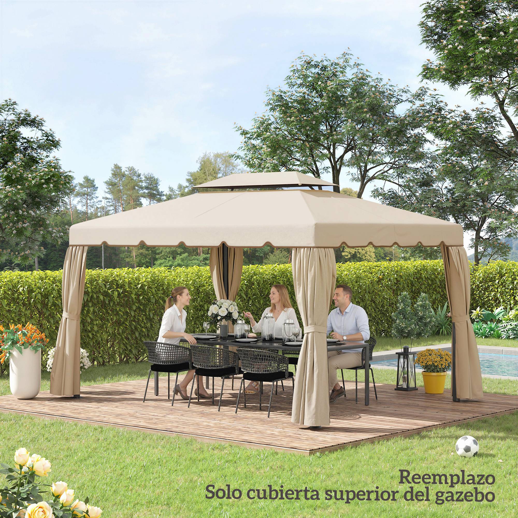 Toile de Rechange 4x3m Polyester pour Tonnelle Double Toit Imperméable Beige - ComfortXL Outdoor Living - Image 9