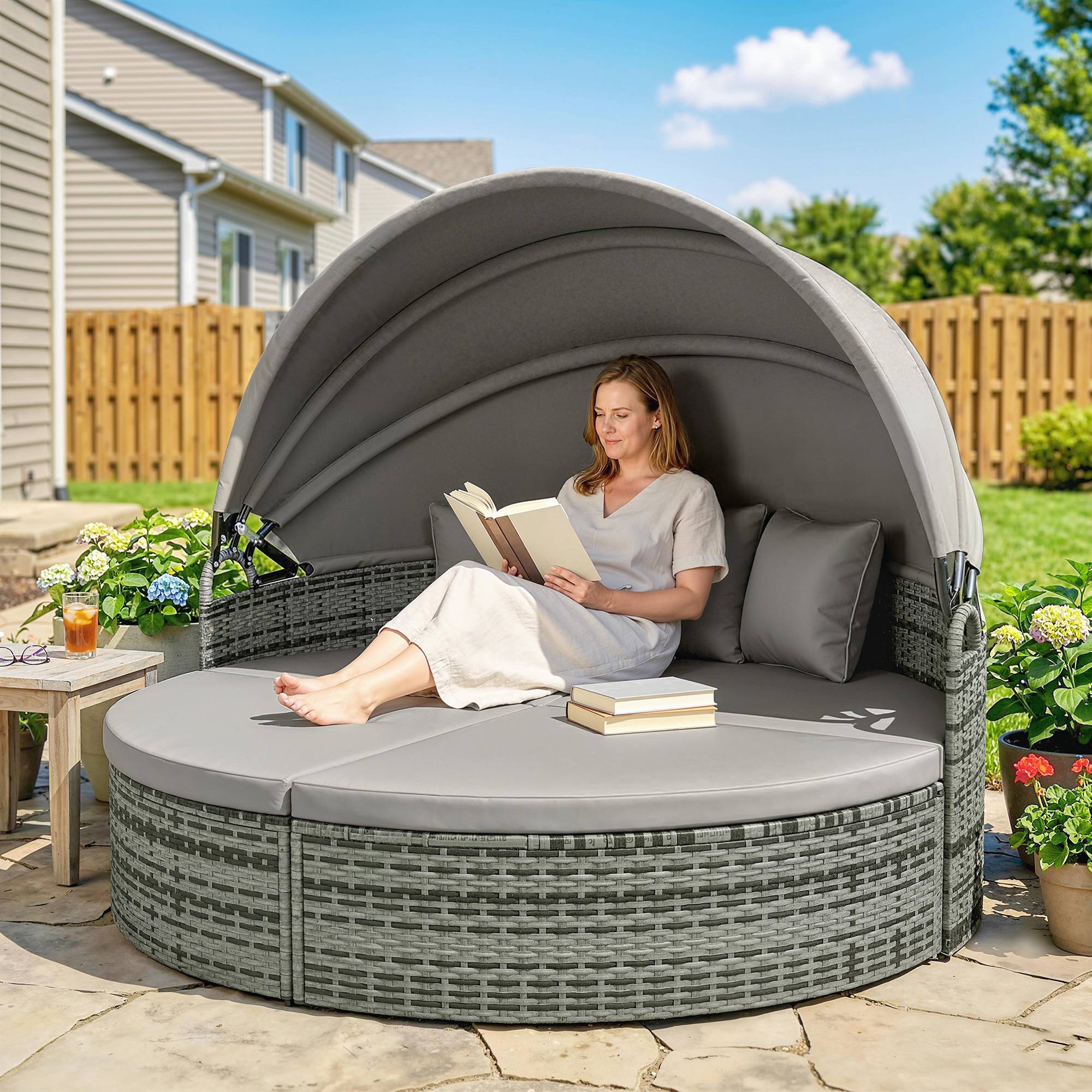 ComfortXL - Bain de soleil rond modulable résine tressée jardin avec auvent rétractable 180cm gris clair - ComfortXL Outdoor Living - Image 4