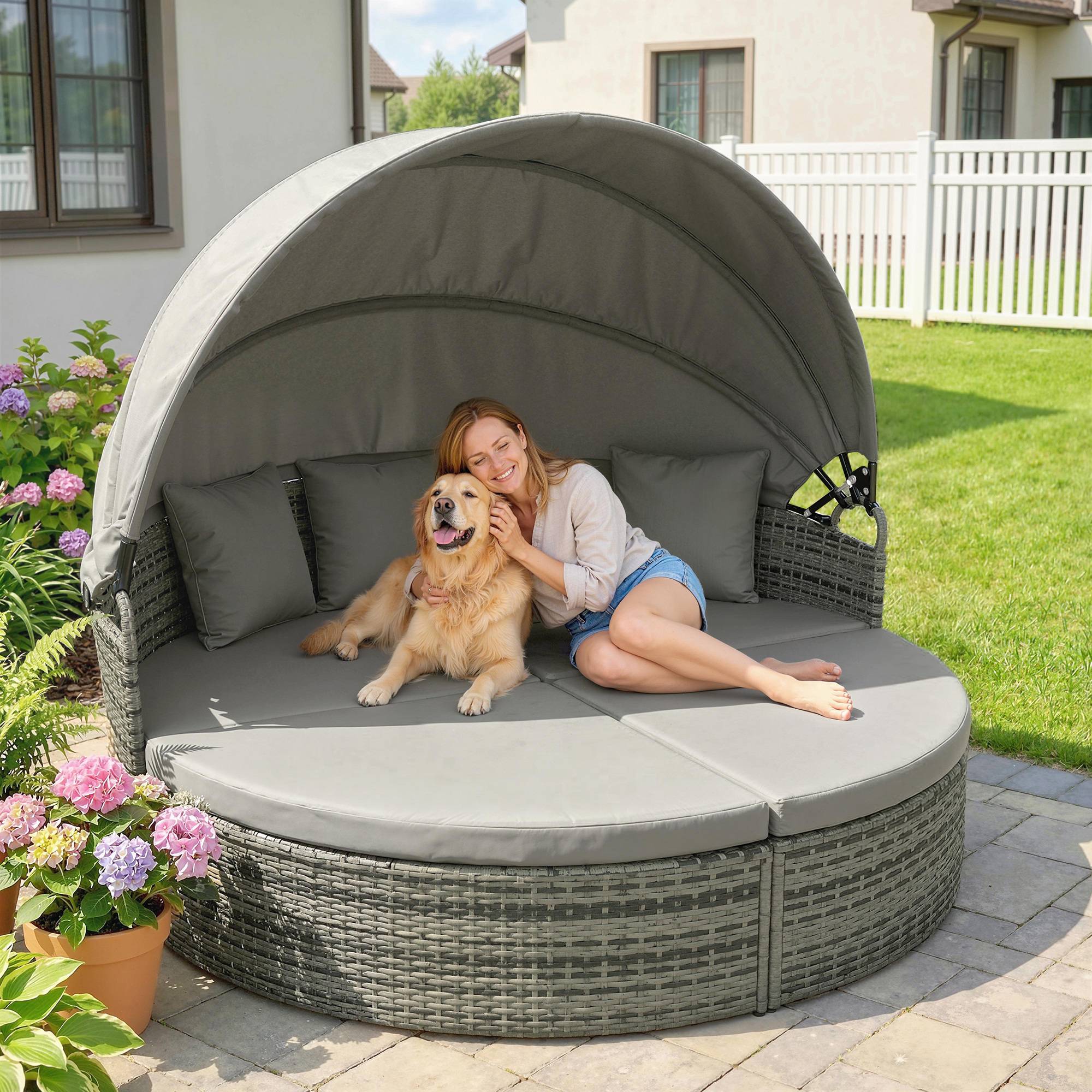 ComfortXL - Bain de soleil rond modulable résine tressée jardin avec auvent rétractable 180cm gris clair - ComfortXL Outdoor Living - Image 3