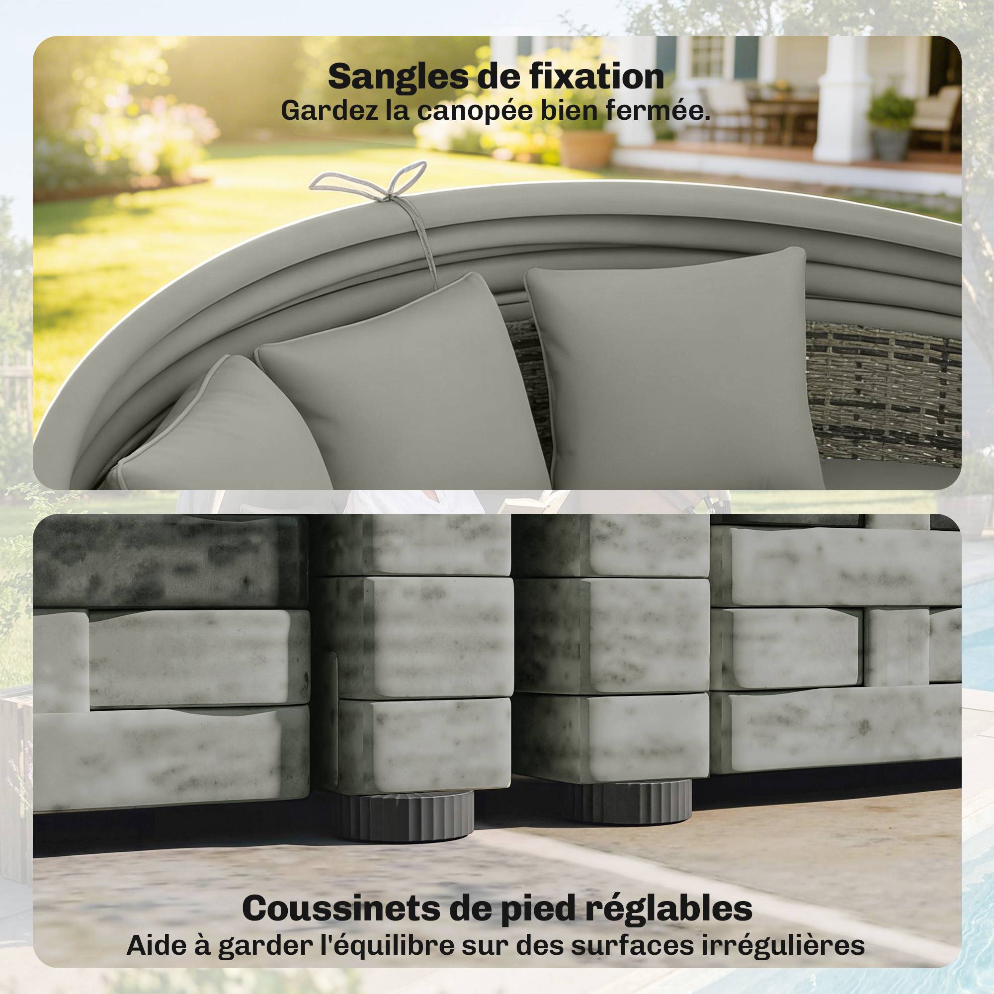 ComfortXL - Bain de soleil rond modulable résine tressée jardin avec auvent rétractable 180cm gris clair - ComfortXL Outdoor Living - Image 9