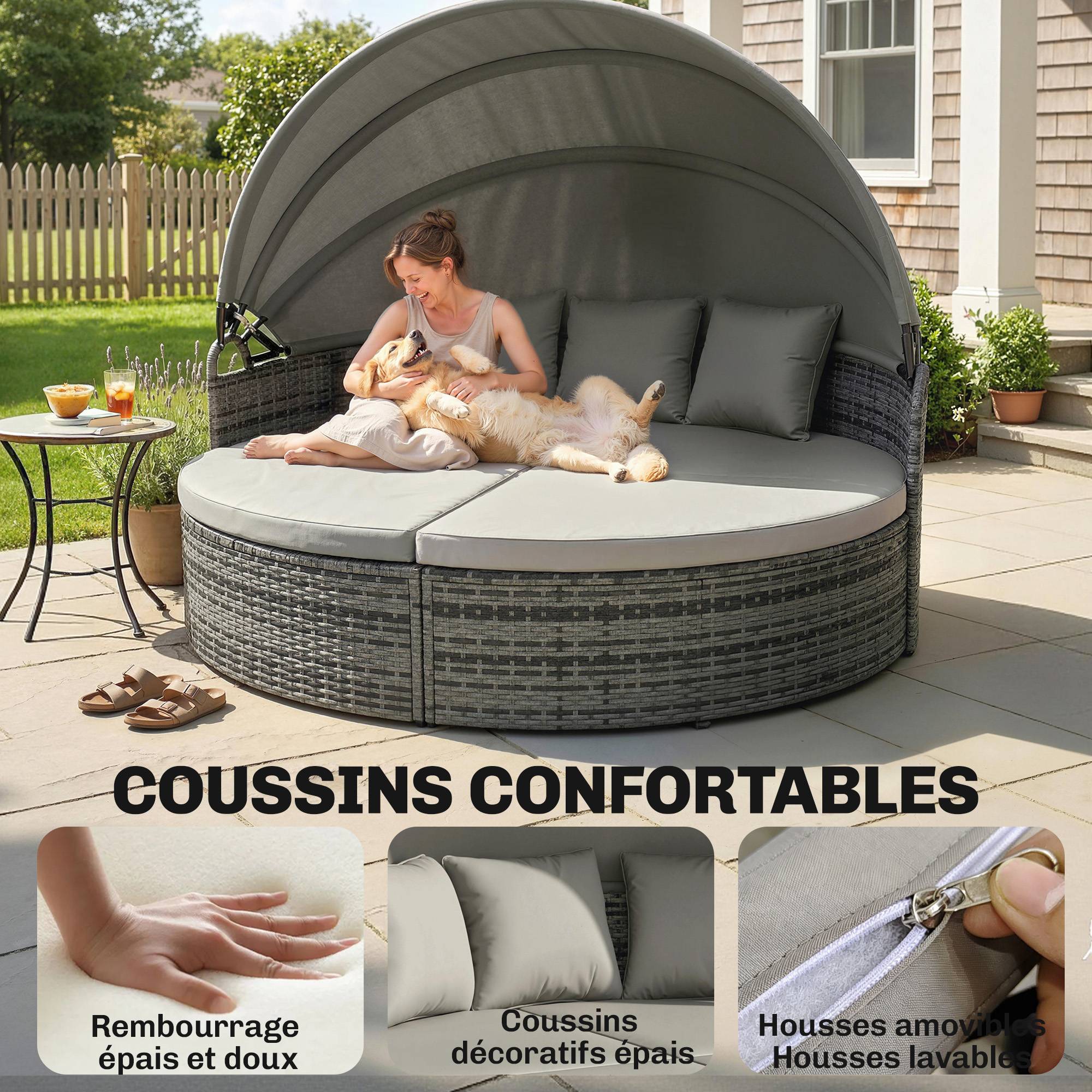 ComfortXL - Bain de soleil rond modulable résine tressée jardin avec auvent rétractable 180cm gris clair - ComfortXL Outdoor Living - Image 8