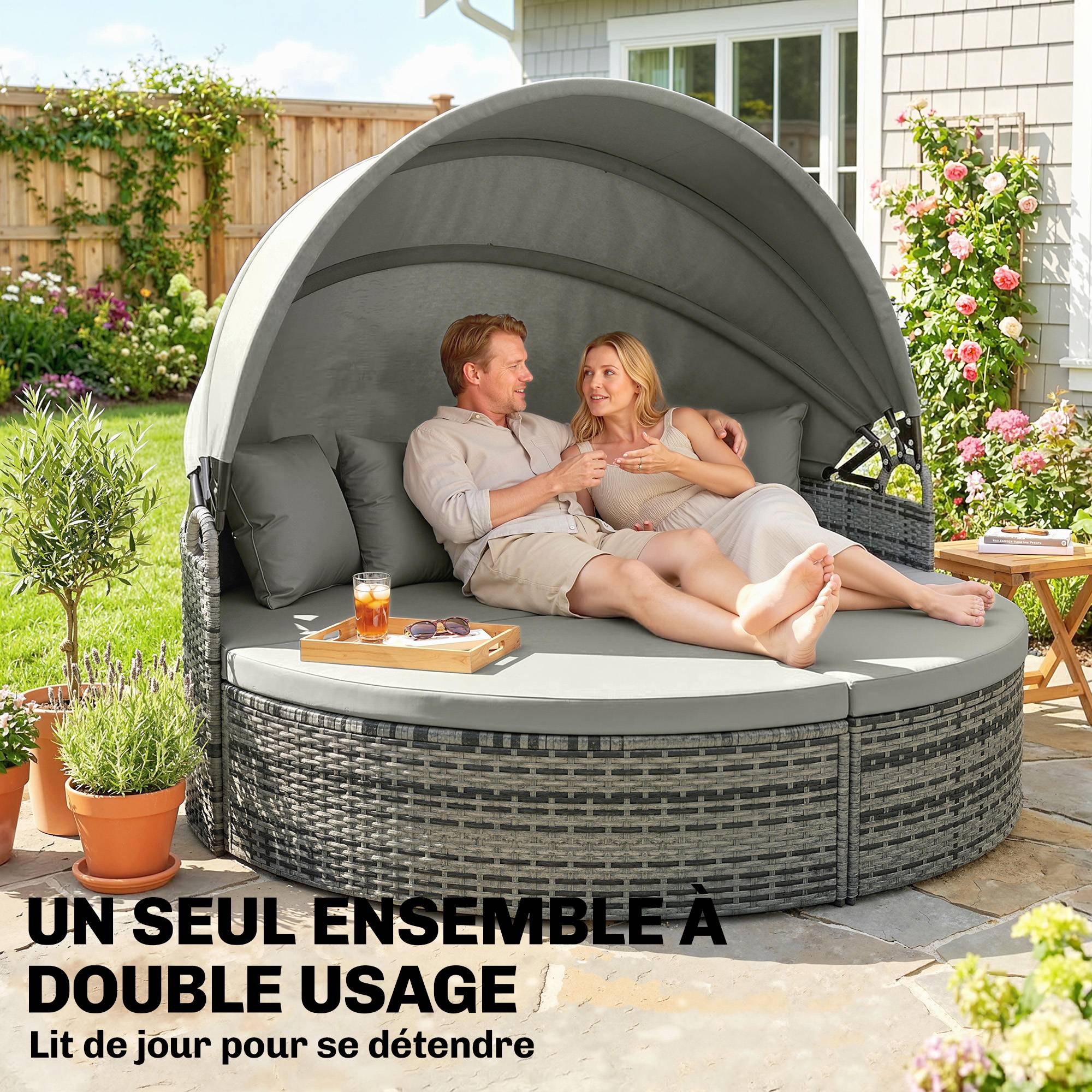 ComfortXL - Bain de soleil rond modulable résine tressée jardin avec auvent rétractable 180cm gris clair - ComfortXL Outdoor Living - Image 10