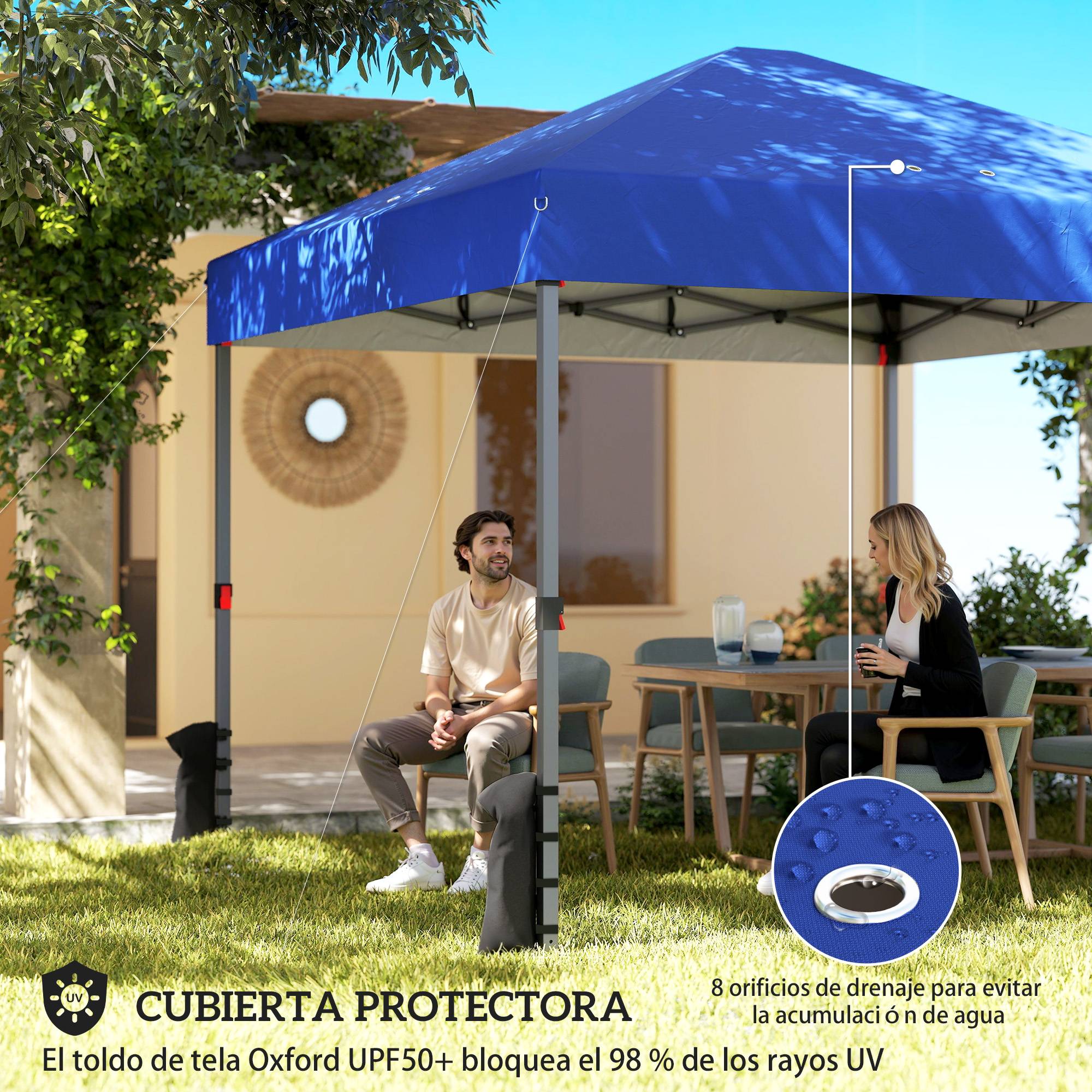 Tente pliante pop-up 3x3m avec 3 parois, 2 fenêtres, hauteur réglable, protection UPF50+, sac de transport et sacs de lestage, bleue - Image 6
