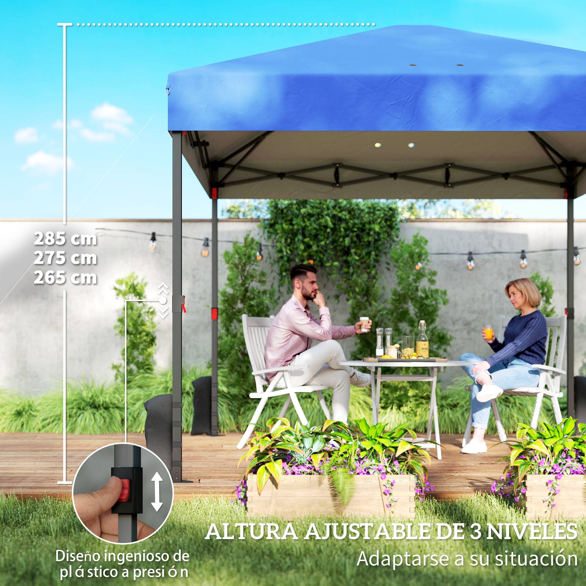 Tente pliante pop-up 3x3m avec 3 parois, 2 fenêtres, hauteur réglable, protection UPF50+, sac de transport et sacs de lestage, bleue - Image 10