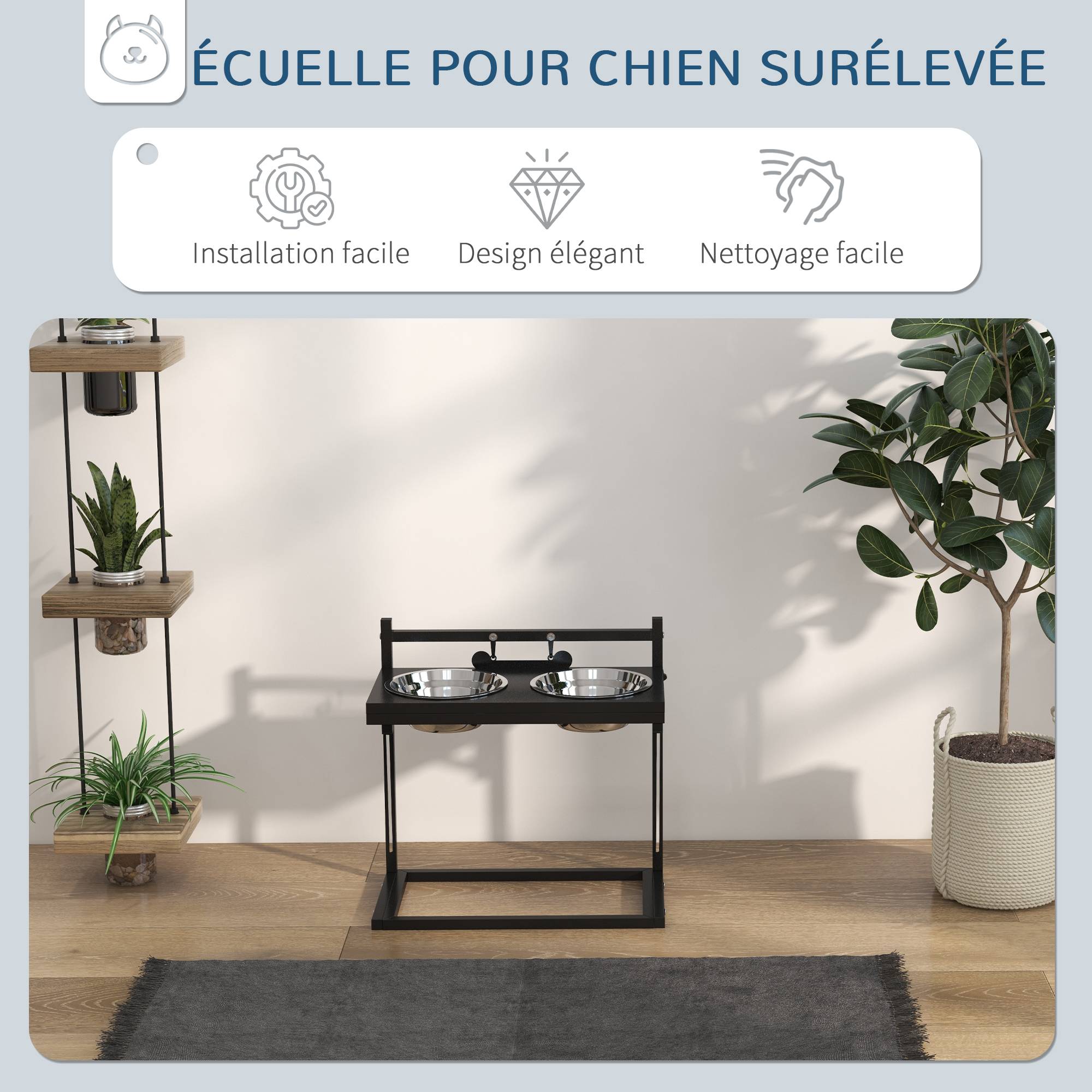 Sans Marque - Gamelles surrélevées chien avec support réglable en hauteur de 11 à 33 cm 2 bols en acier inoxydables amovibles noir - Image 9