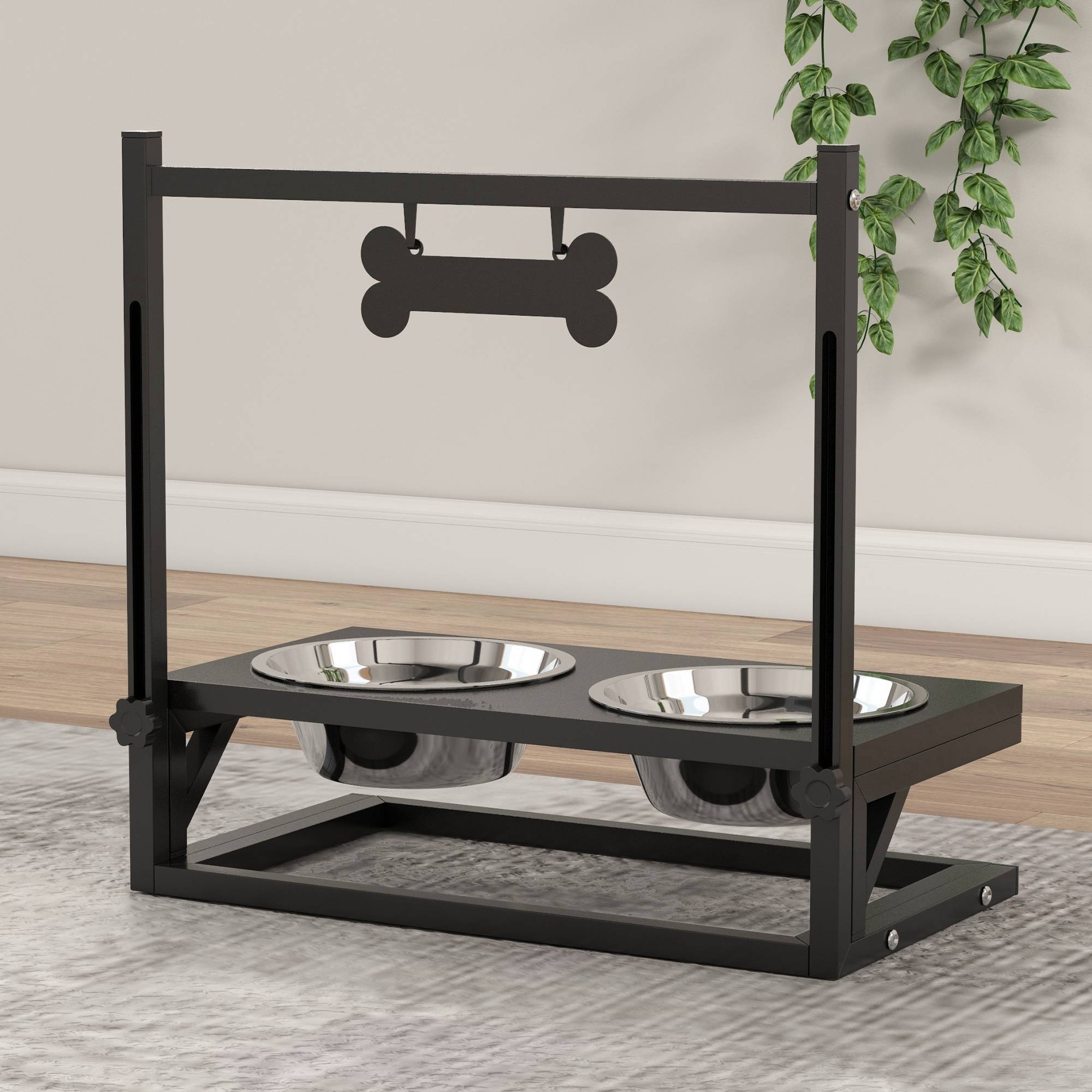 Sans Marque - Gamelles surrélevées chien avec support réglable en hauteur de 11 à 33 cm 2 bols en acier inoxydables amovibles noir - Image 10