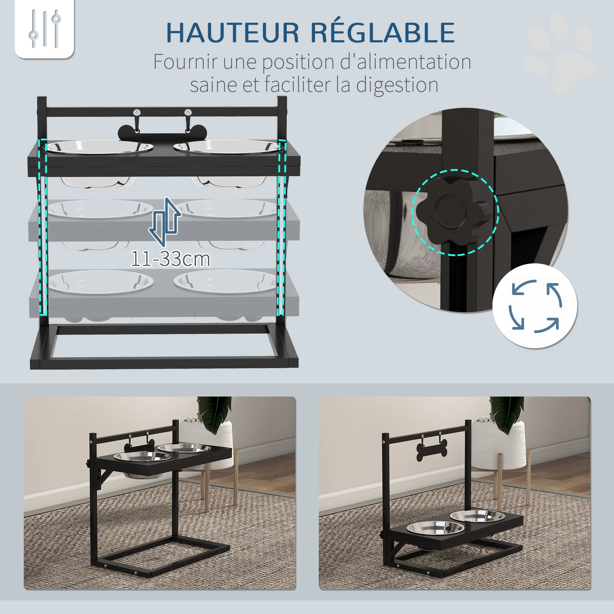 Sans Marque - Gamelles surrélevées chien avec support réglable en hauteur de 11 à 33 cm 2 bols en acier inoxydables amovibles noir - Image 7
