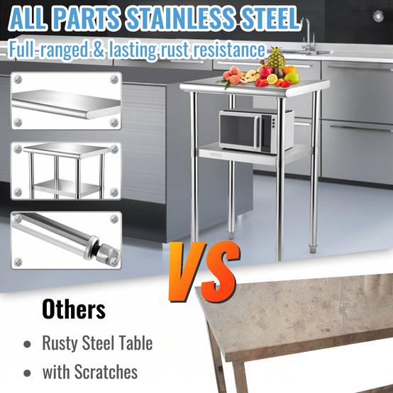 Vevor - VEVOR Table de travail inox 61x46x91 cm, 2 niveaux, charge 272.4 kg, étagères réglables, pour restaurant. - Image 3