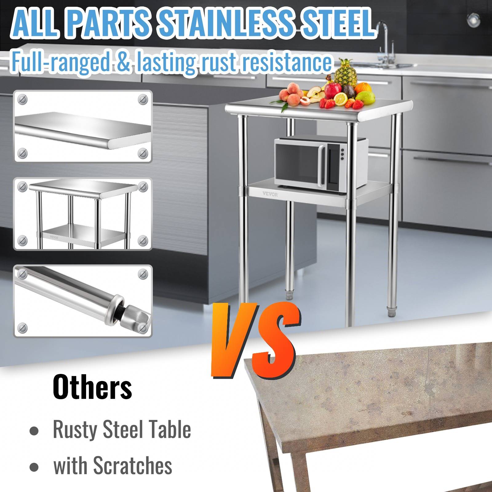Vevor - VEVOR Table de travail inox 61x46x91 cm, 2 niveaux, charge 272.4 kg, étagères réglables, pour restaurant. - Image 3