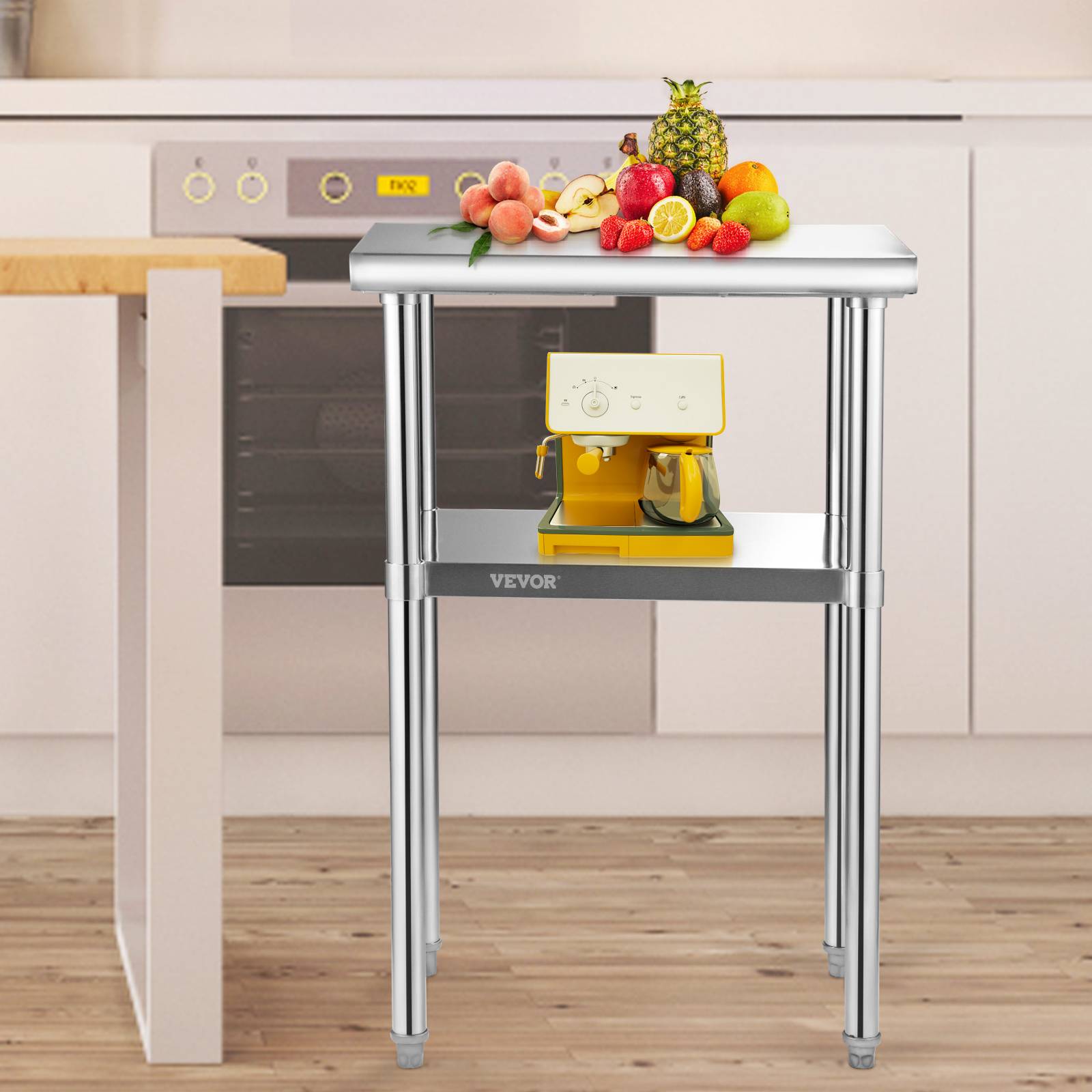 Vevor - VEVOR Table de travail inox 61x46x91 cm, 2 niveaux, charge 272.4 kg, étagères réglables, pour restaurant. - Image 8