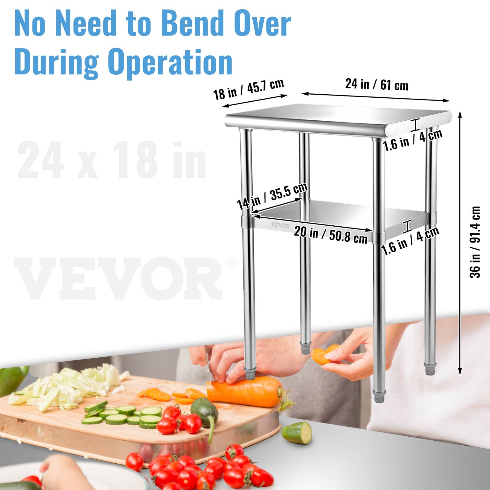 Vevor - VEVOR Table de travail inox 61x46x91 cm, 2 niveaux, charge 272.4 kg, étagères réglables, pour restaurant. - Image 7
