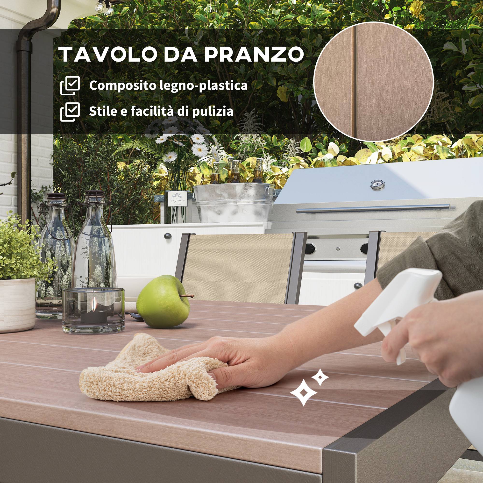 ComfortXL - Ensemble Repas Extérieur 7 Pièces Acier Bois Composite Chaises Empilables Kaki - ComfortXL Outdoor Living - Image 6