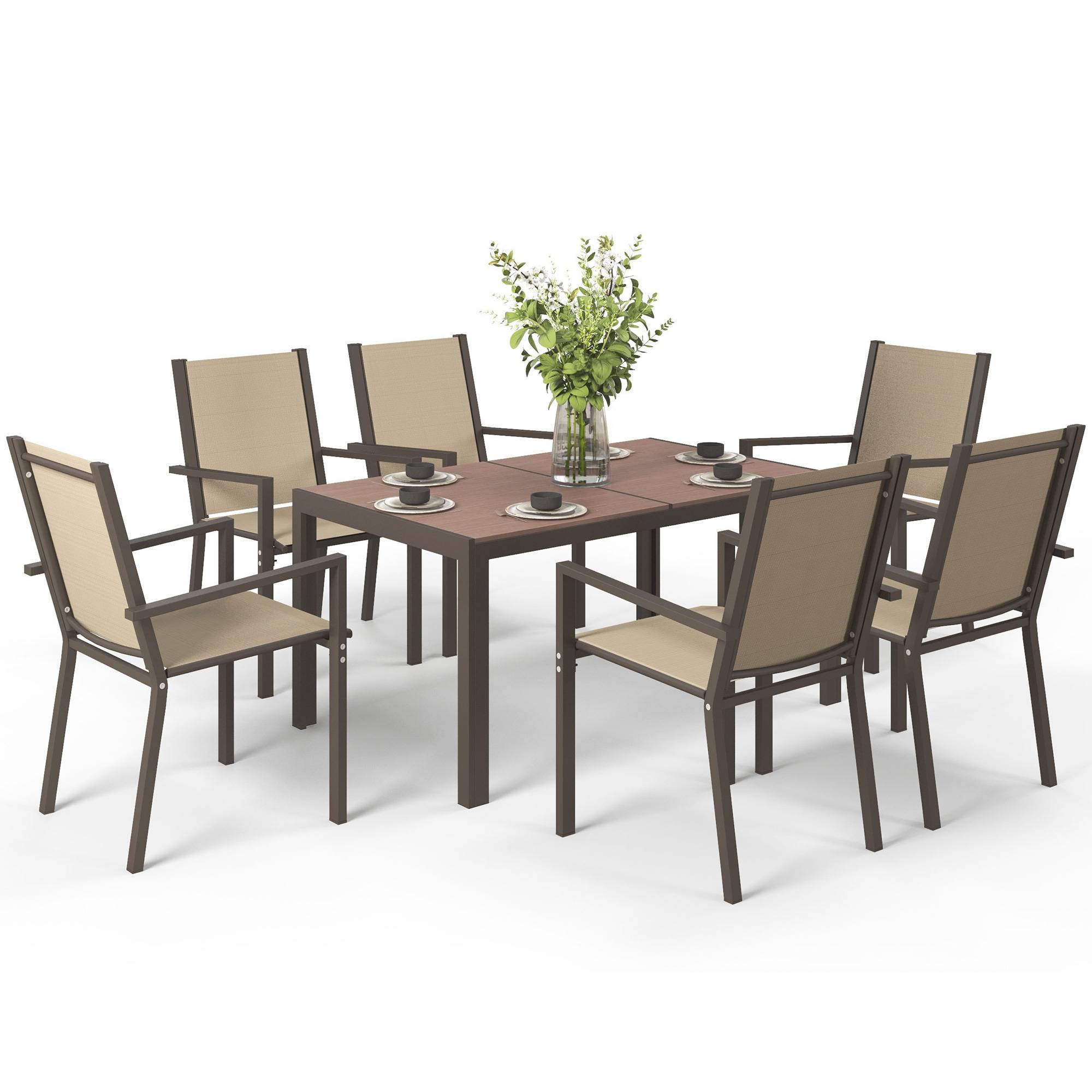 ComfortXL - Ensemble Repas Extérieur 7 Pièces Acier Bois Composite Chaises Empilables Kaki - ComfortXL Outdoor Living - Image 2
