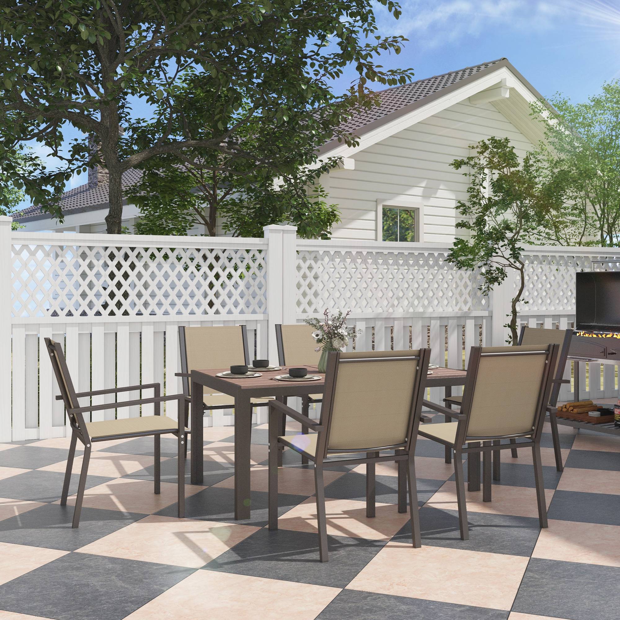 ComfortXL - Ensemble Repas Extérieur 7 Pièces Acier Bois Composite Chaises Empilables Kaki - ComfortXL Outdoor Living - Image 3