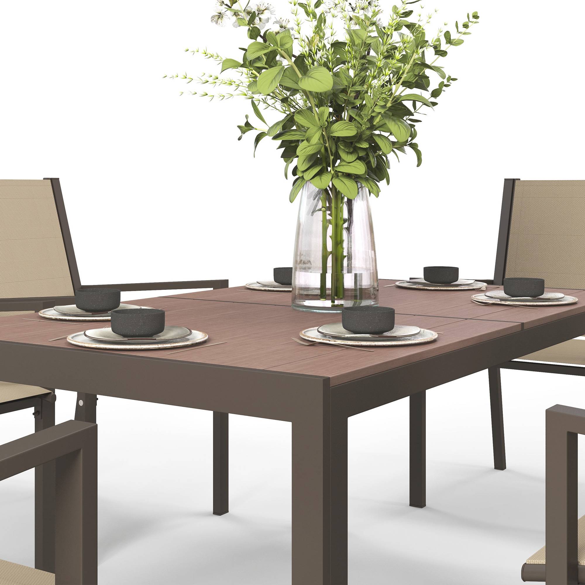 ComfortXL - Ensemble Repas Extérieur 7 Pièces Acier Bois Composite Chaises Empilables Kaki - ComfortXL Outdoor Living - Image 9