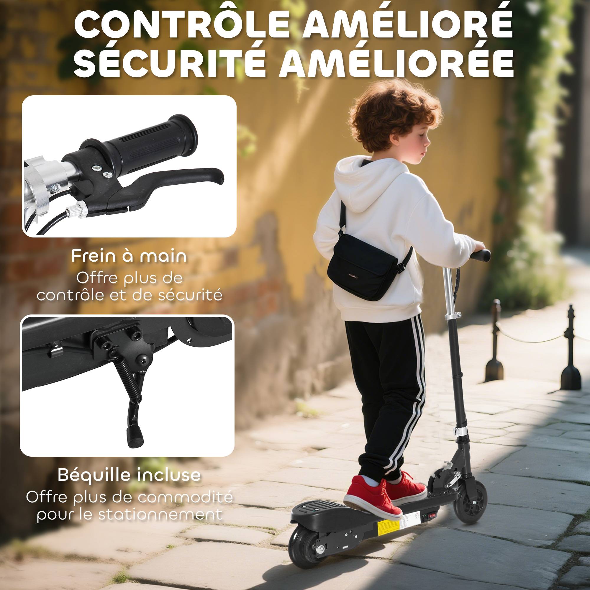 Trottinette électrique pliante pour enfant de +7ans, 120W Vitesse max 12km/h, 74x36x82,5-92,5 cm Noir - Image 9