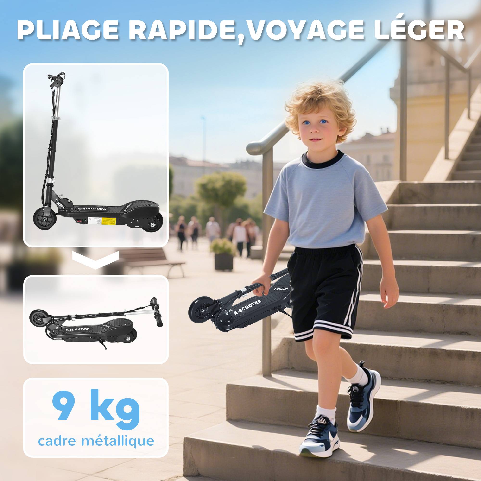 Trottinette électrique pliante pour enfant de +7ans, 120W Vitesse max 12km/h, 74x36x82,5-92,5 cm Noir - Image 7