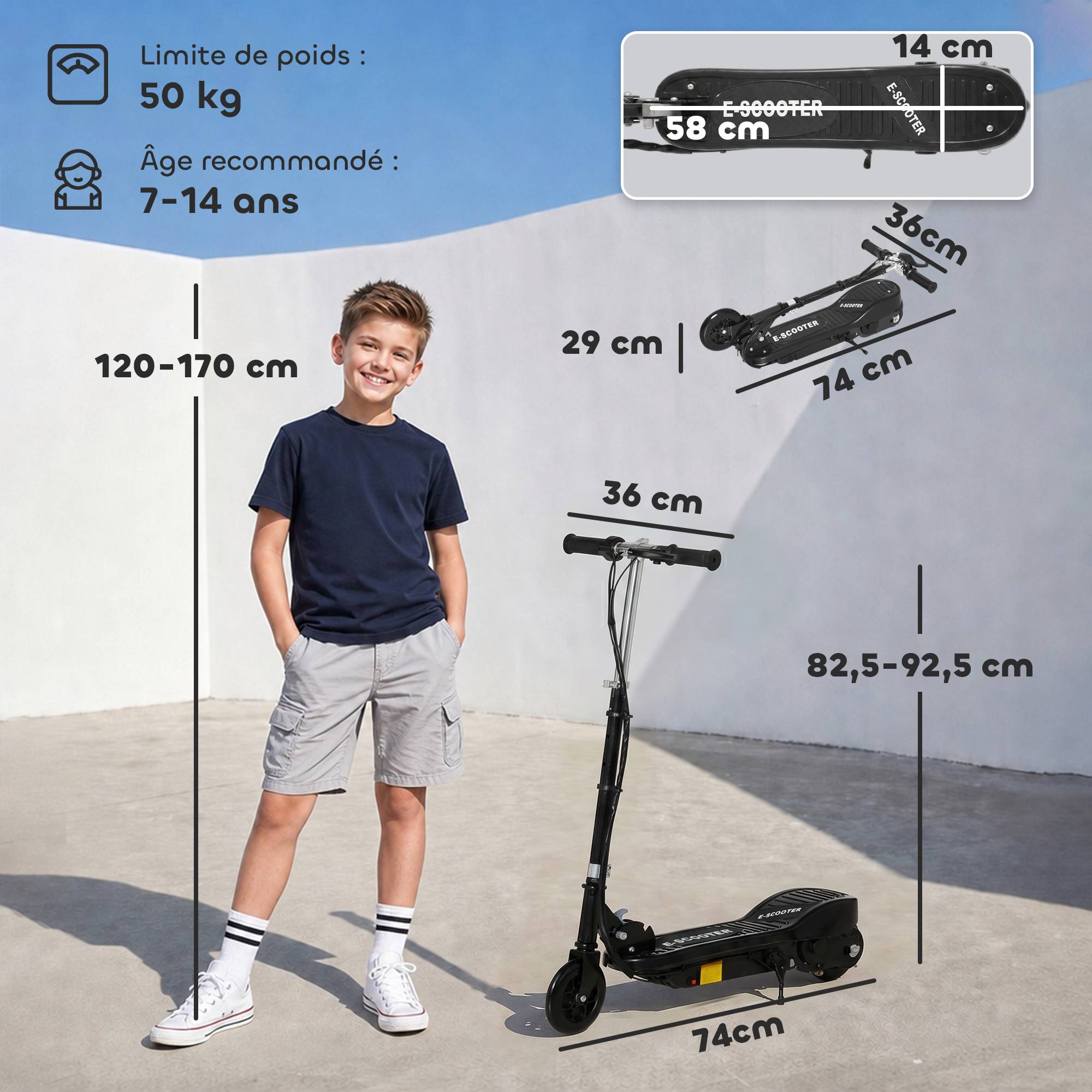 Trottinette électrique pliante pour enfant de +7ans, 120W Vitesse max 12km/h, 74x36x82,5-92,5 cm Noir - Image 5
