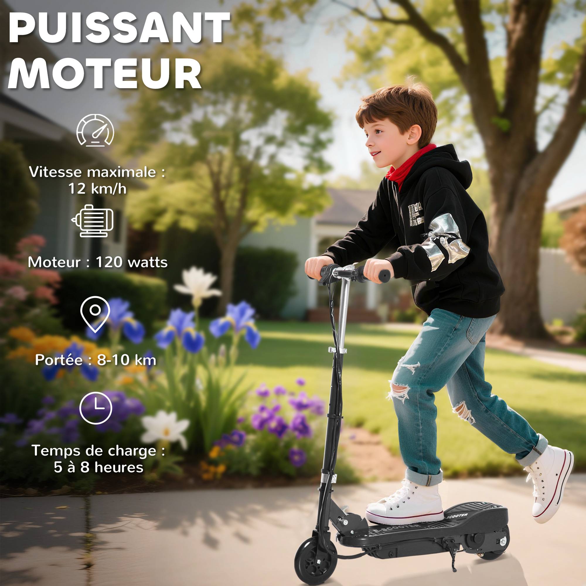 Trottinette électrique pliante pour enfant de +7ans, 120W Vitesse max 12km/h, 74x36x82,5-92,5 cm Noir - Image 6