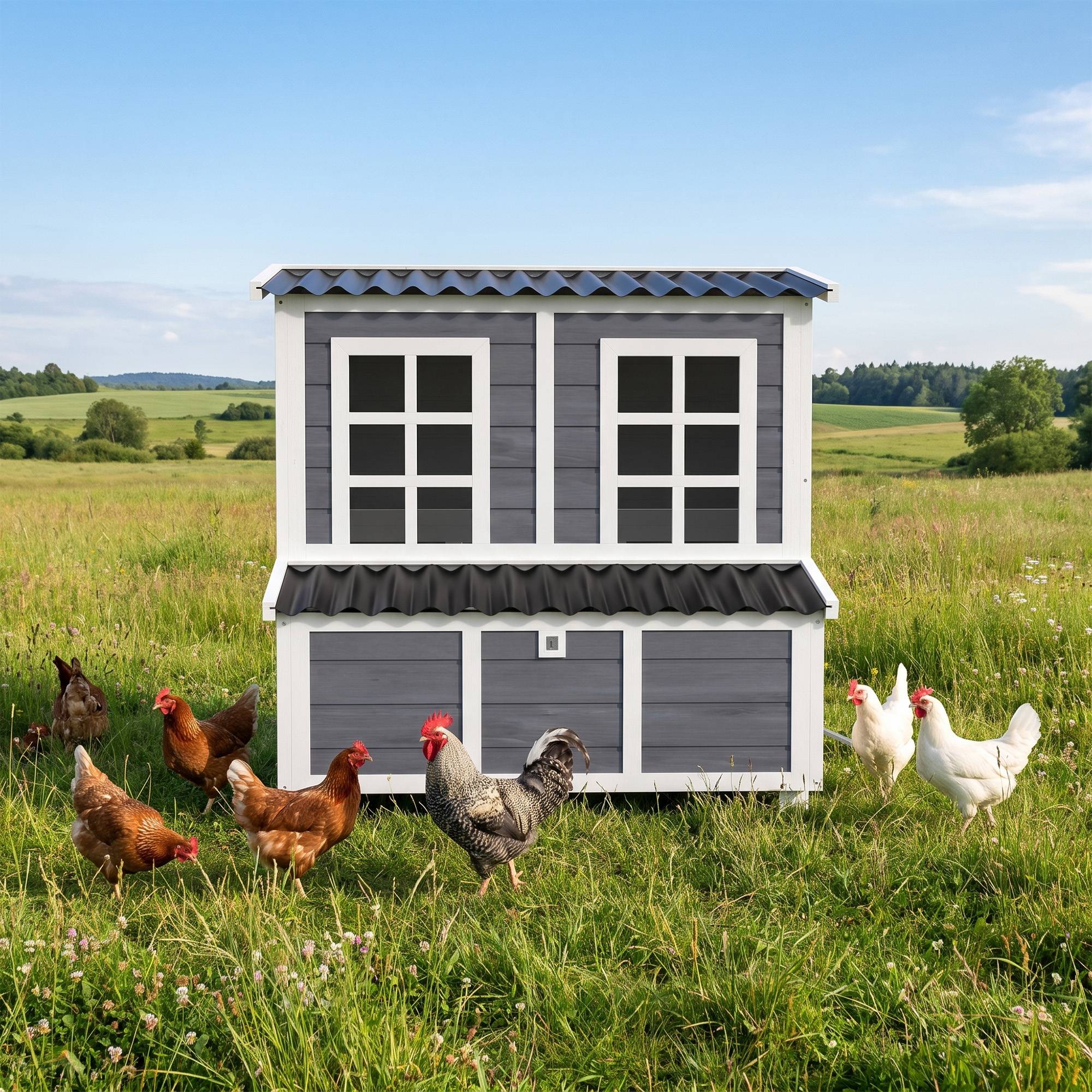 Poulailler avec pondoir pour 3-4 poules, toit étanche, épicéa, plastique, 100 x 86 x 100 cm, gris clair - Image 10