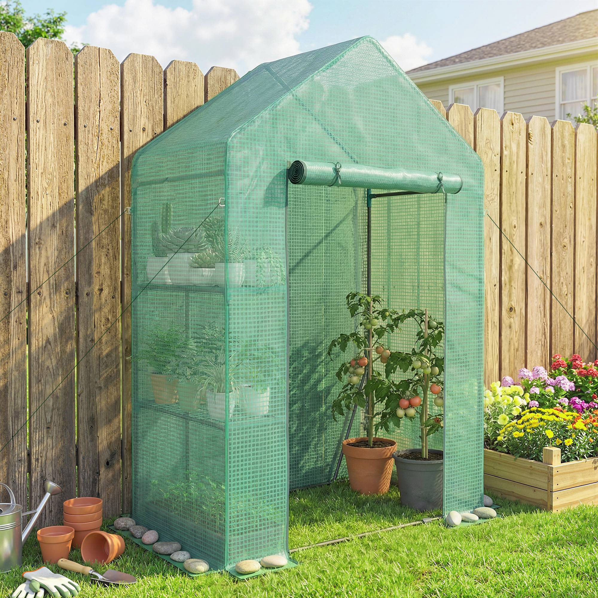 Serre jardin 143 x 73 x 195 cm avec étagère 2 niveaux, verte - Image 4