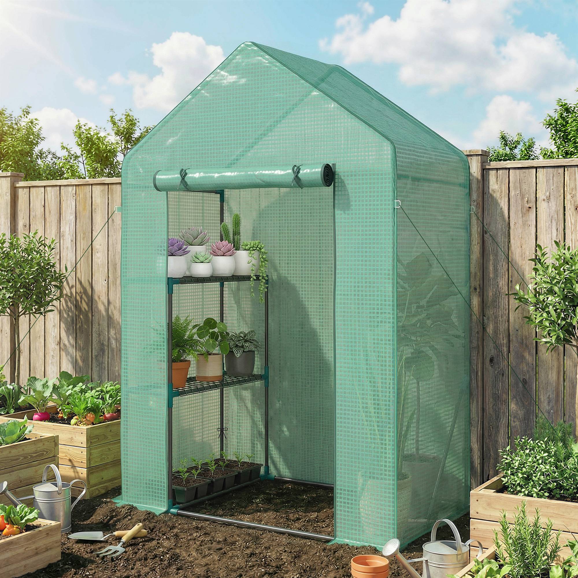Serre jardin 143 x 73 x 195 cm avec étagère 2 niveaux, verte - Image 3