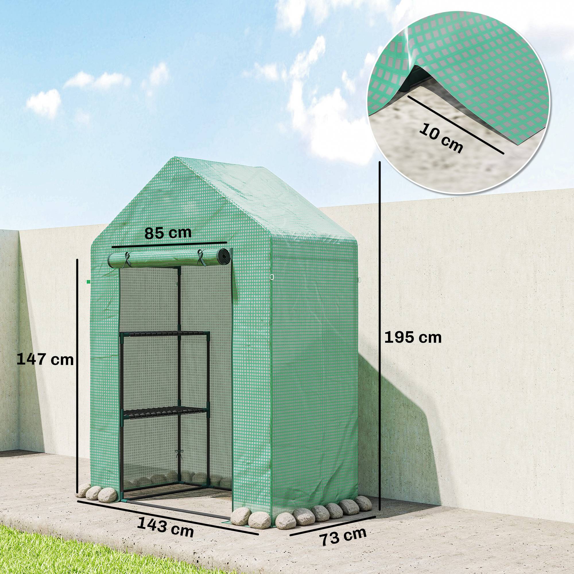 Serre jardin 143 x 73 x 195 cm avec étagère 2 niveaux, verte - Image 5