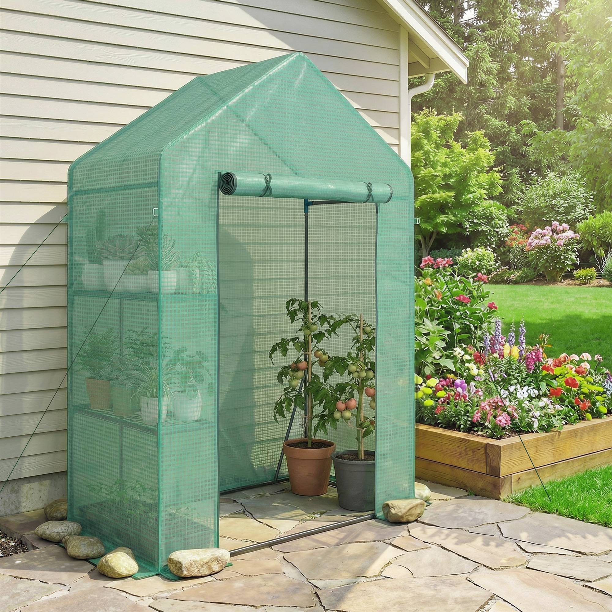 Serre jardin 143 x 73 x 195 cm avec étagère 2 niveaux, verte - Image 10