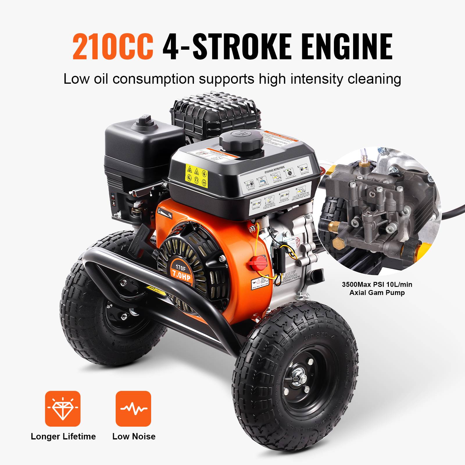 VEVOR Nettoyeur Haute Pression Essence 3500 PSI 10 L/min, Pompe Aluminium, 5 Buses, pour Voitures. - Image 3