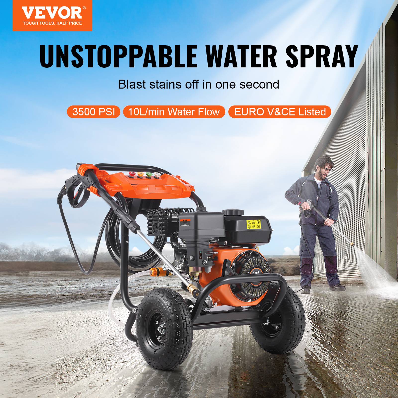 VEVOR Nettoyeur Haute Pression Essence 3500 PSI 10 L/min, Pompe Aluminium, 5 Buses, pour Voitures. - Image 2