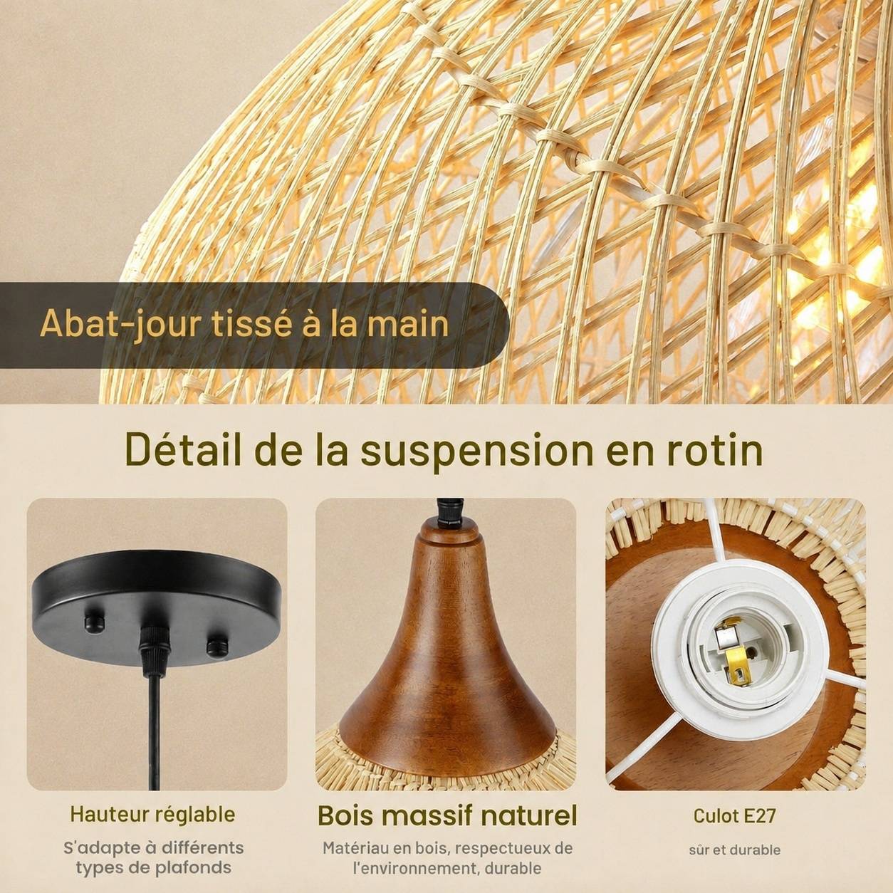 Suspension Lumineuse Artisanale Bambou Style Boho Applique Salon Chambre - Image 3