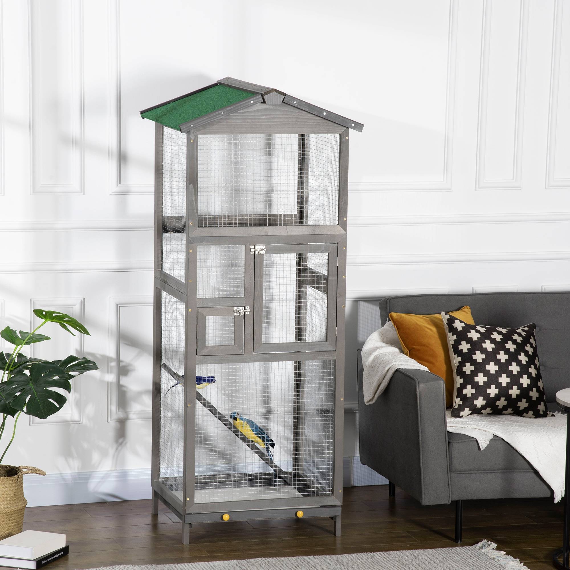 Cage à oiseaux extérieure en bois de 165 cm de haut, avec 2 portes et plateau amovible, gris clair - Image 4