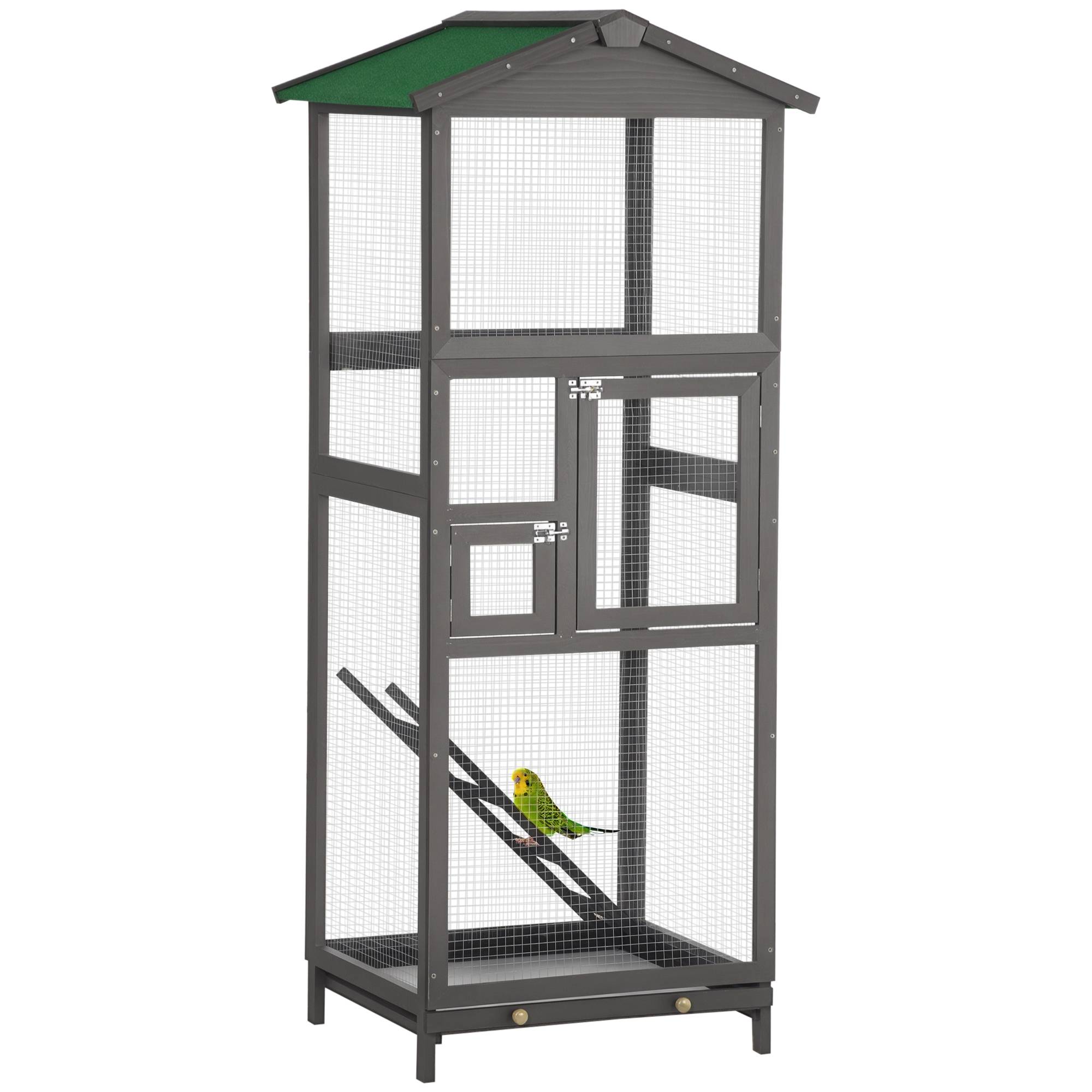 Cage à oiseaux extérieure en bois de 165 cm de haut, avec 2 portes et plateau amovible, gris clair - Image 1