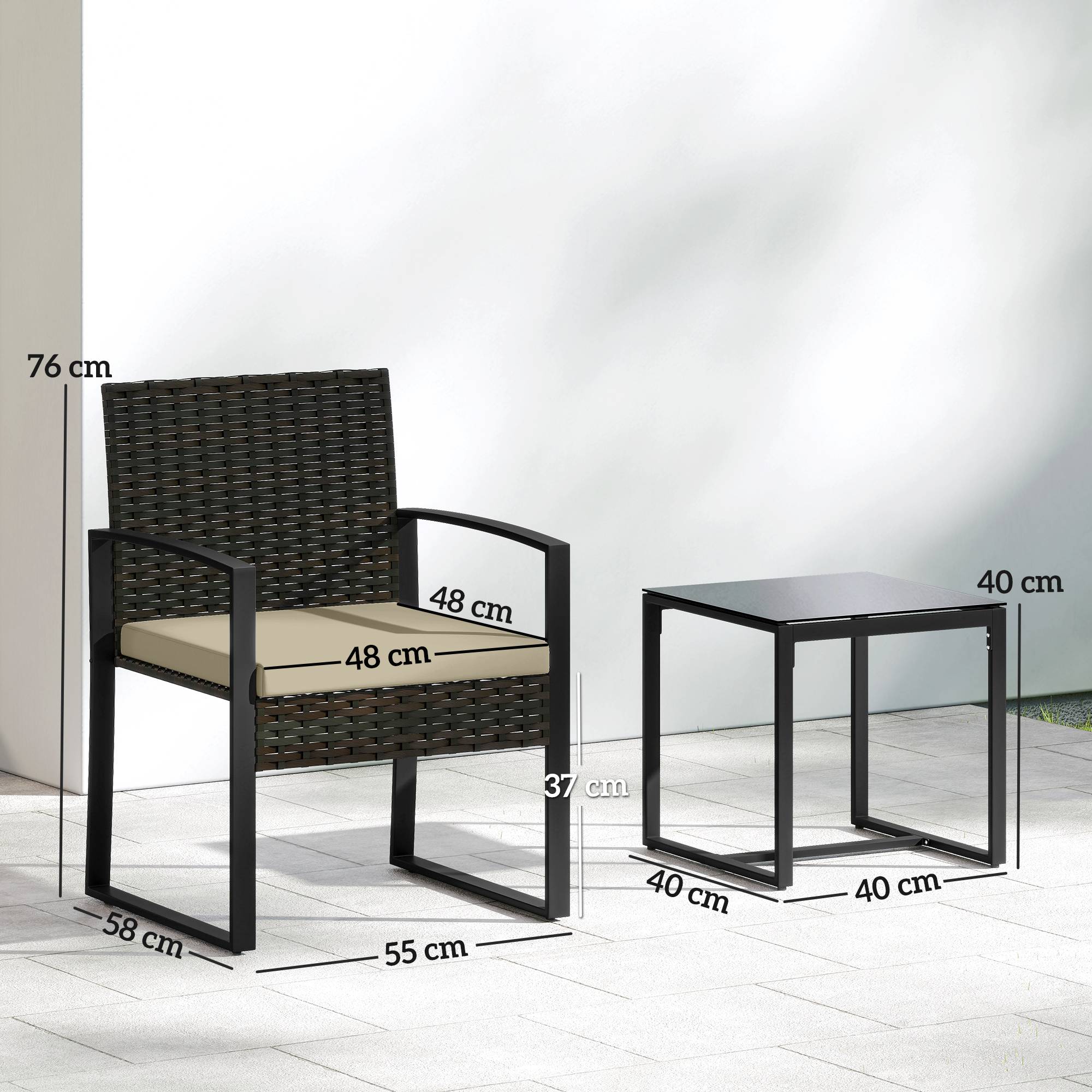 Salon de jardin extérieur en résine tressée 2 personnes, table de jardin avec 2 chaises, plateau en verre trempé, marron - Image 5