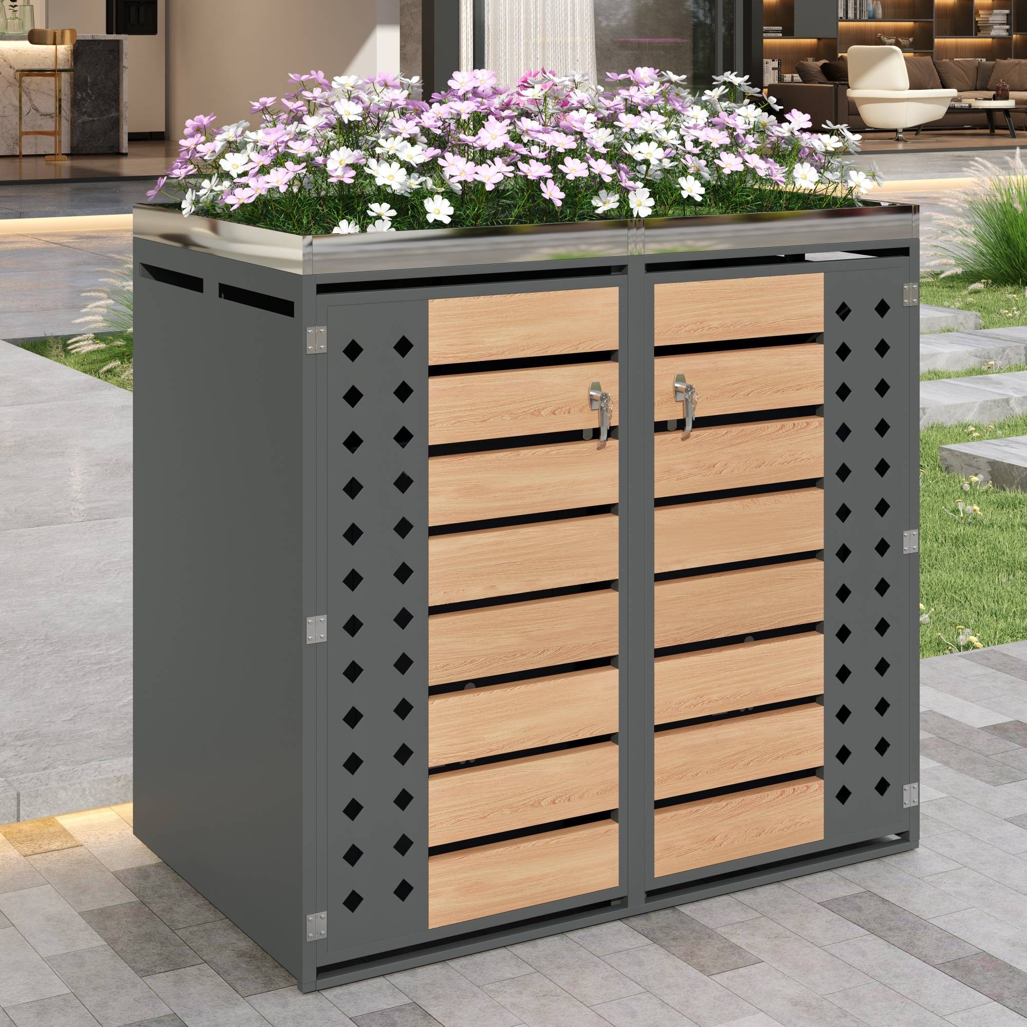 Mülltonnenbox avec bois imitation et compartiments de rangements, 132 x 80 x 124,58 cm - PANGIVO - Image 8